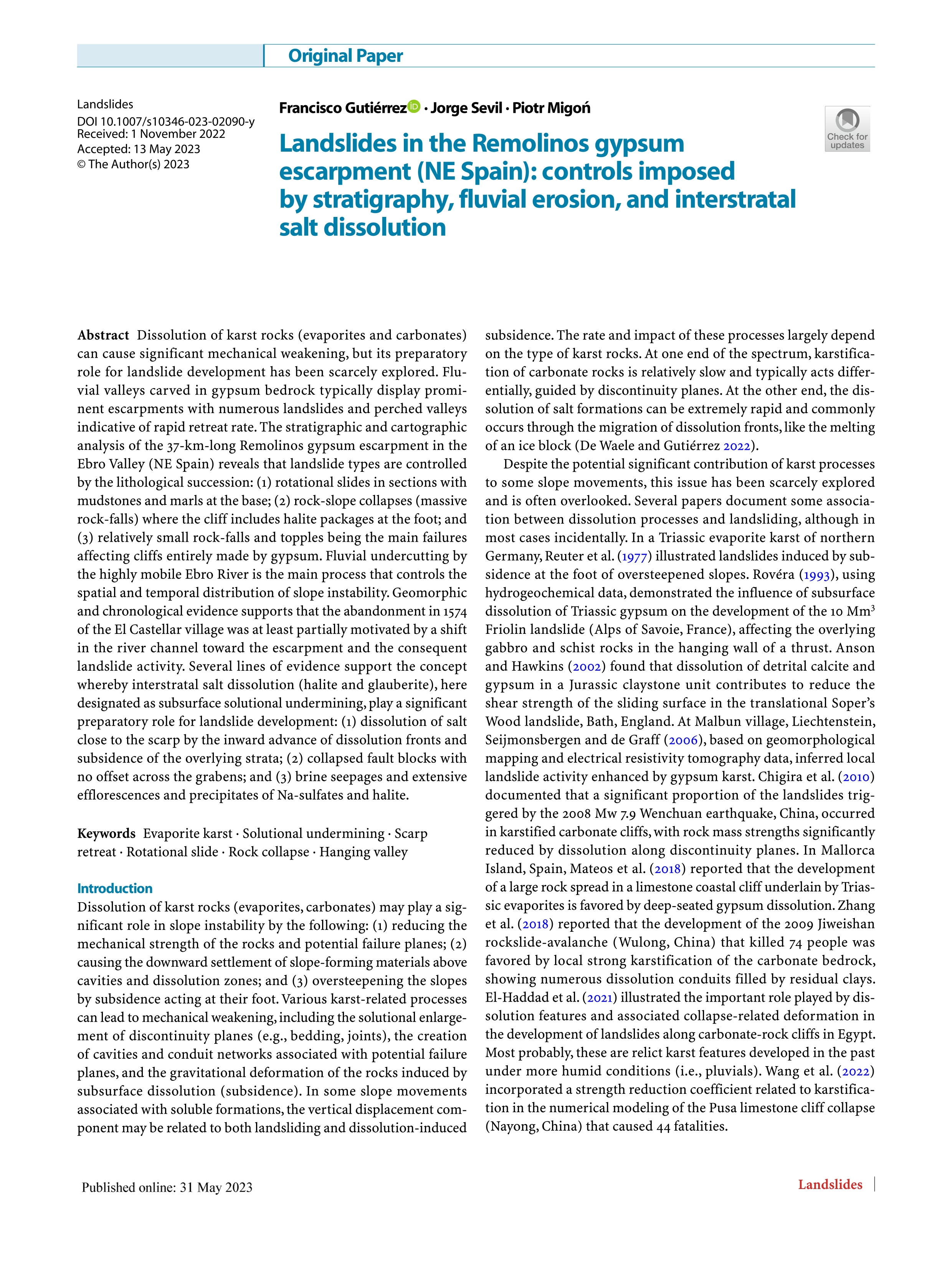 Landslides in the Remolinos gypsum escarpment (NE Spain): controls imposed by stratigraphy, fluvial erosion, and interstratal salt dissolution
