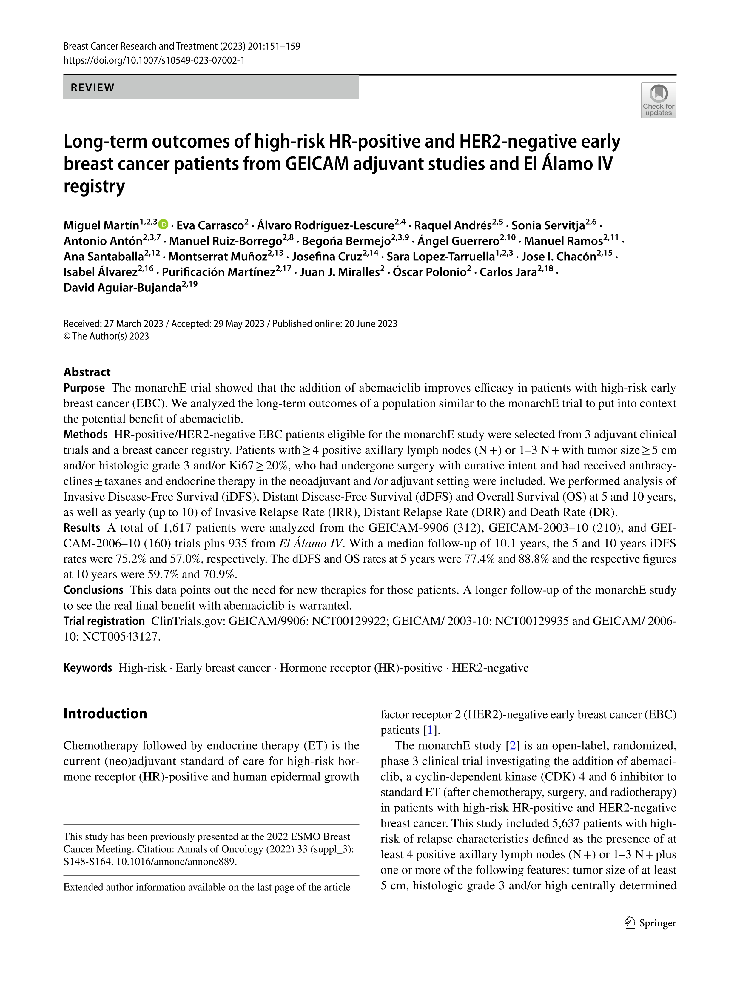 Long-term outcomes of high-risk HR-positive and HER2-negative early breast cancer patients from GEICAM adjuvant studies and El Álamo IV registry