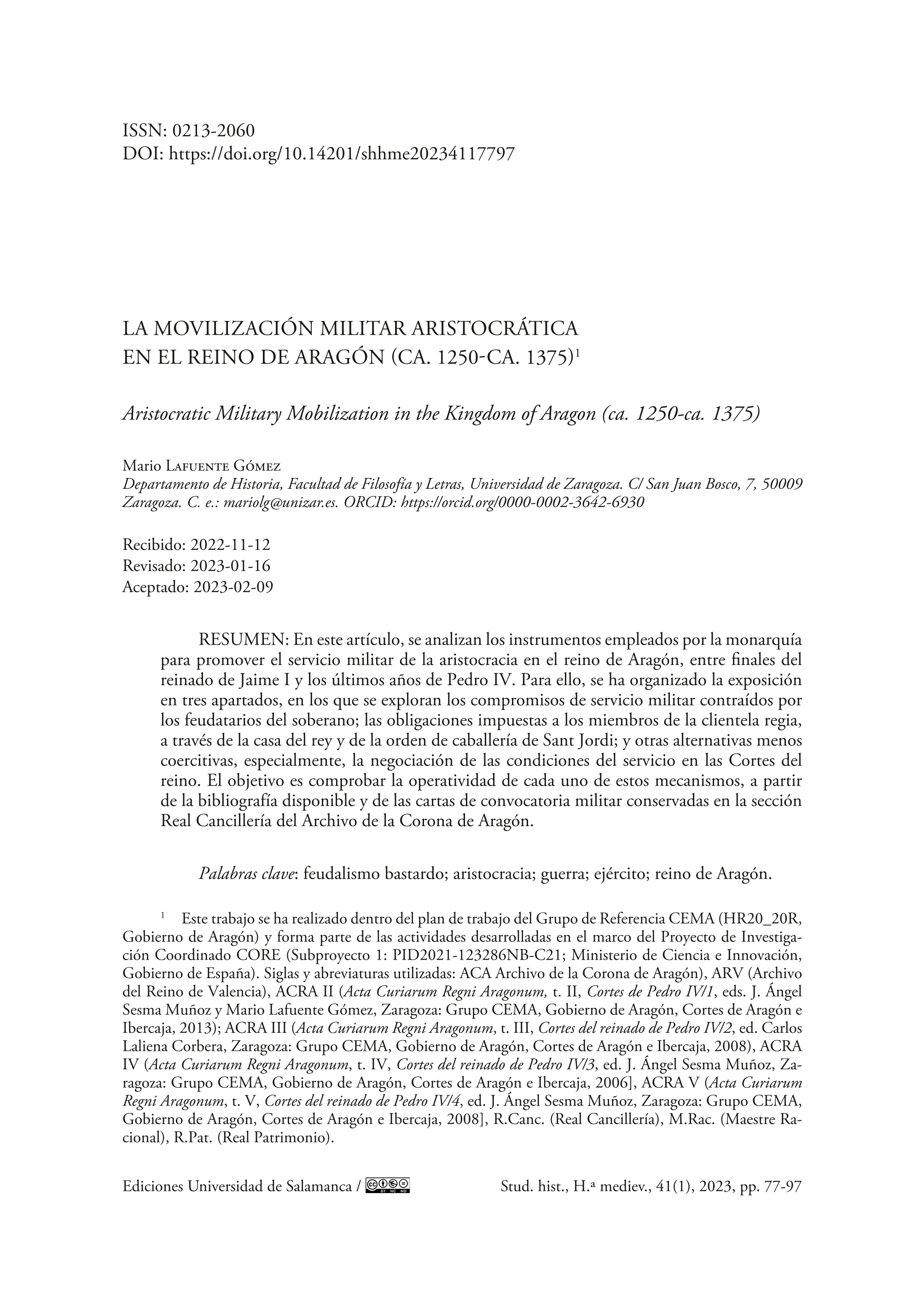 La movilización militar aristocrática en el reino de Aragón  (ca. 1250 - ca. 1375)