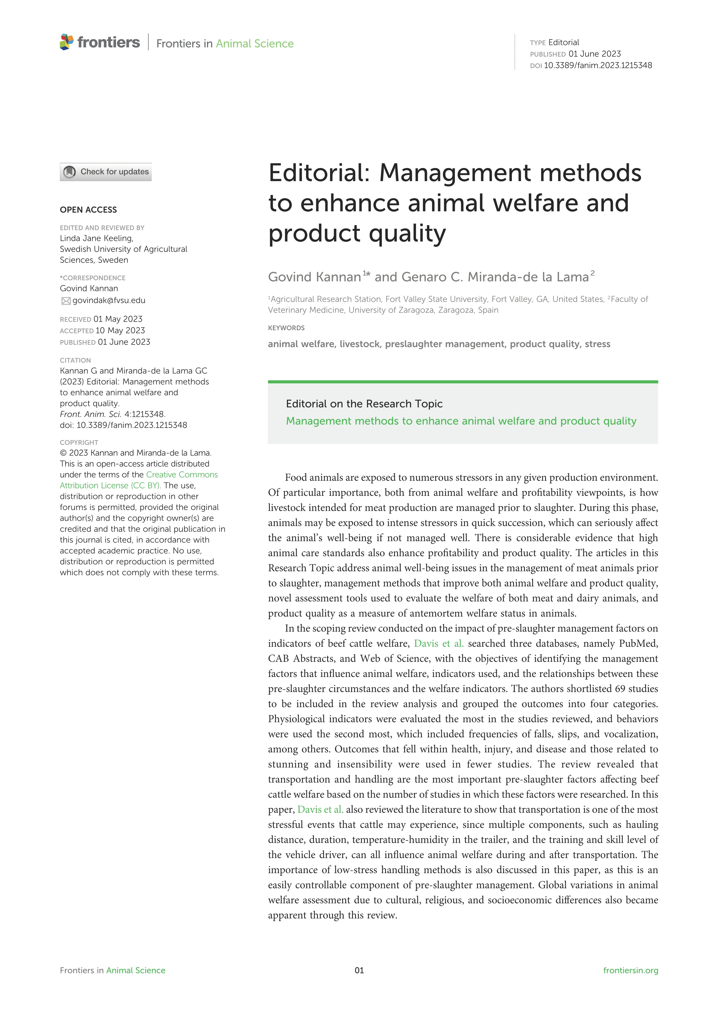 Editorial: Management methods to enhance animal welfare and product quality