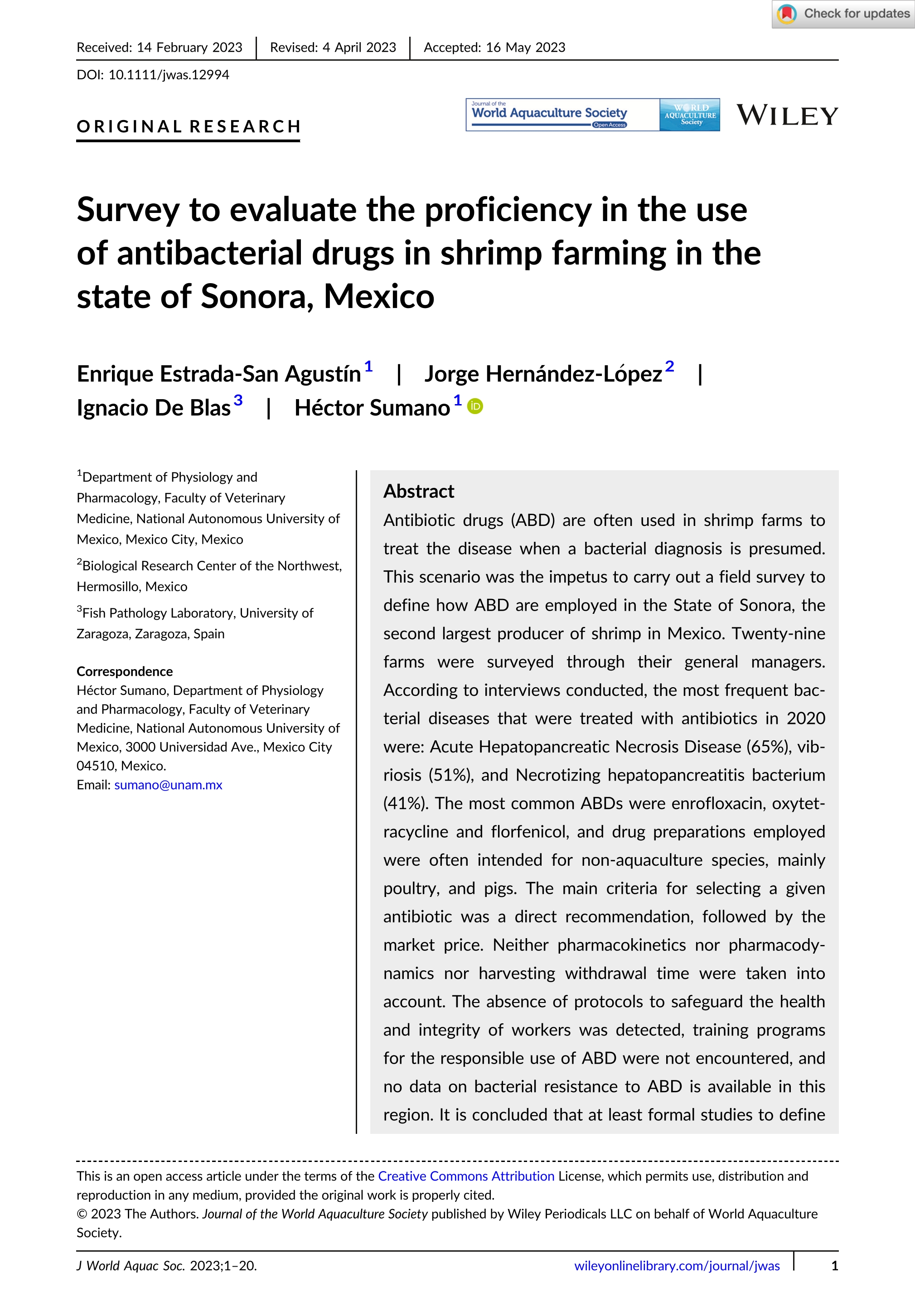 Survey to evaluate the proficiency in the use of antibacterial drugs in shrimp farming in the state of Sonora, Mexico