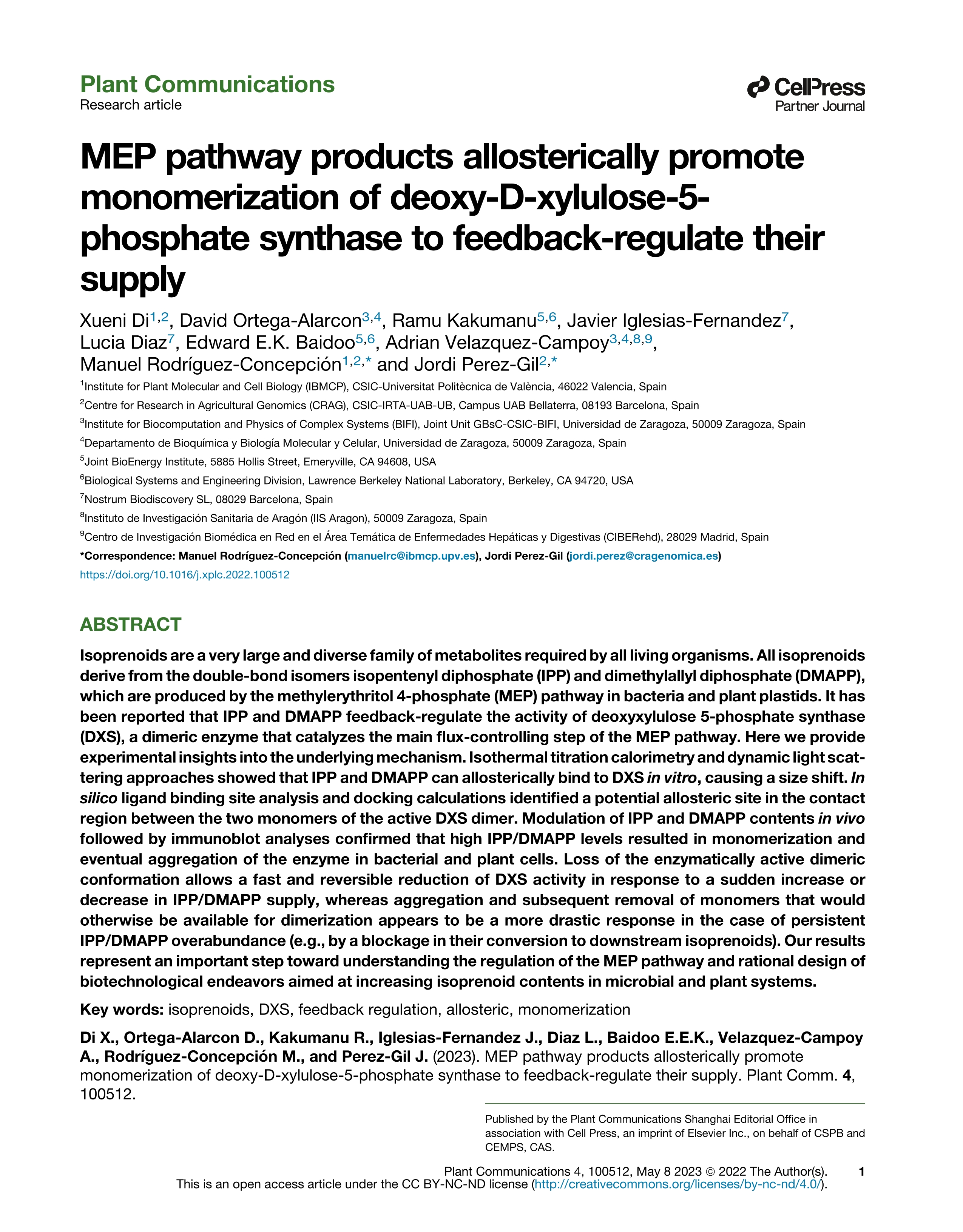 MEP pathway products allosterically promote monomerization of deoxy-D-xylulose-5-phosphate synthase to feedback-regulate their supply