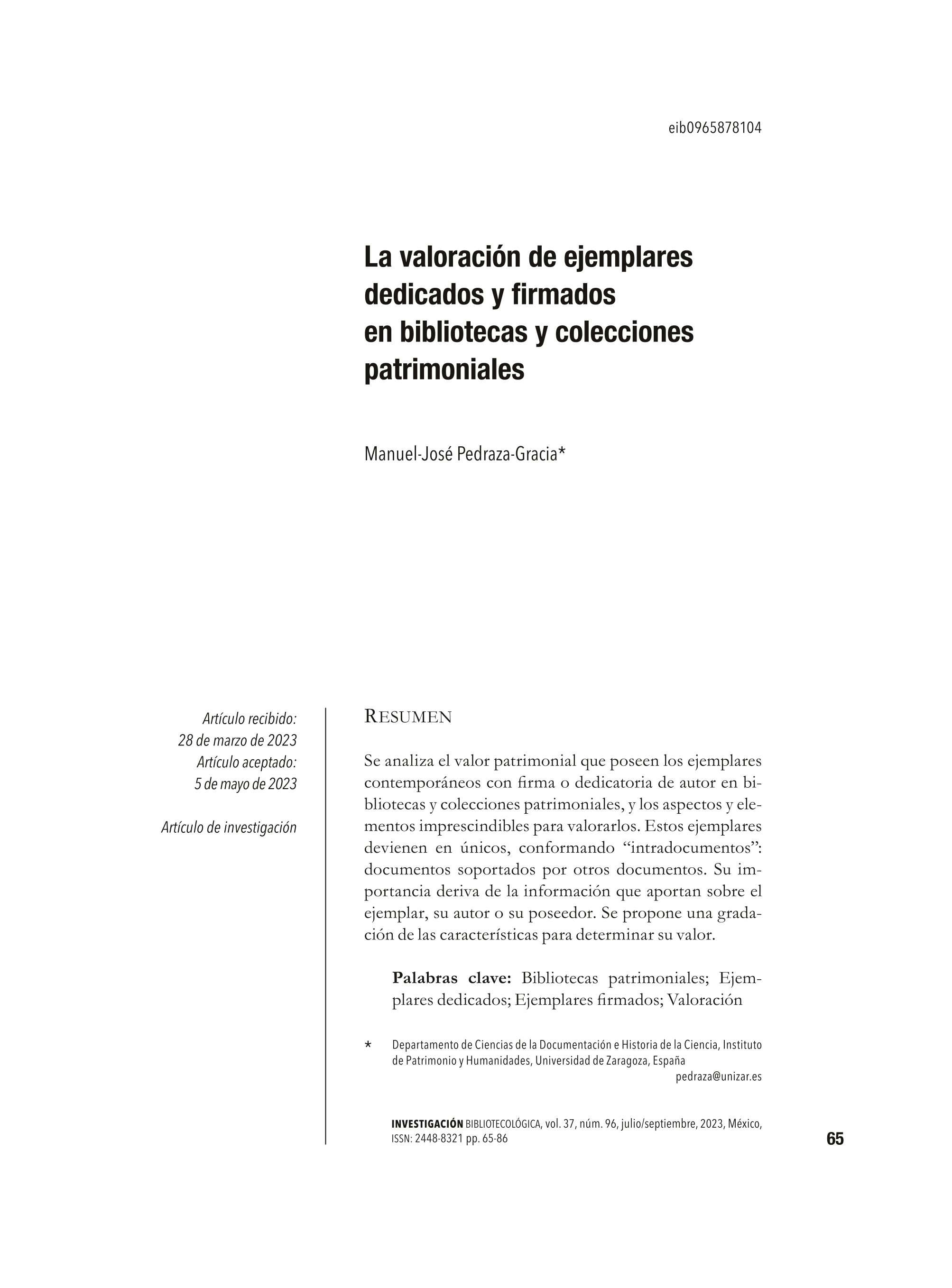 La valoración de ejemplares dedicados y firmados en bibliotecas y colecciones patrimoniales