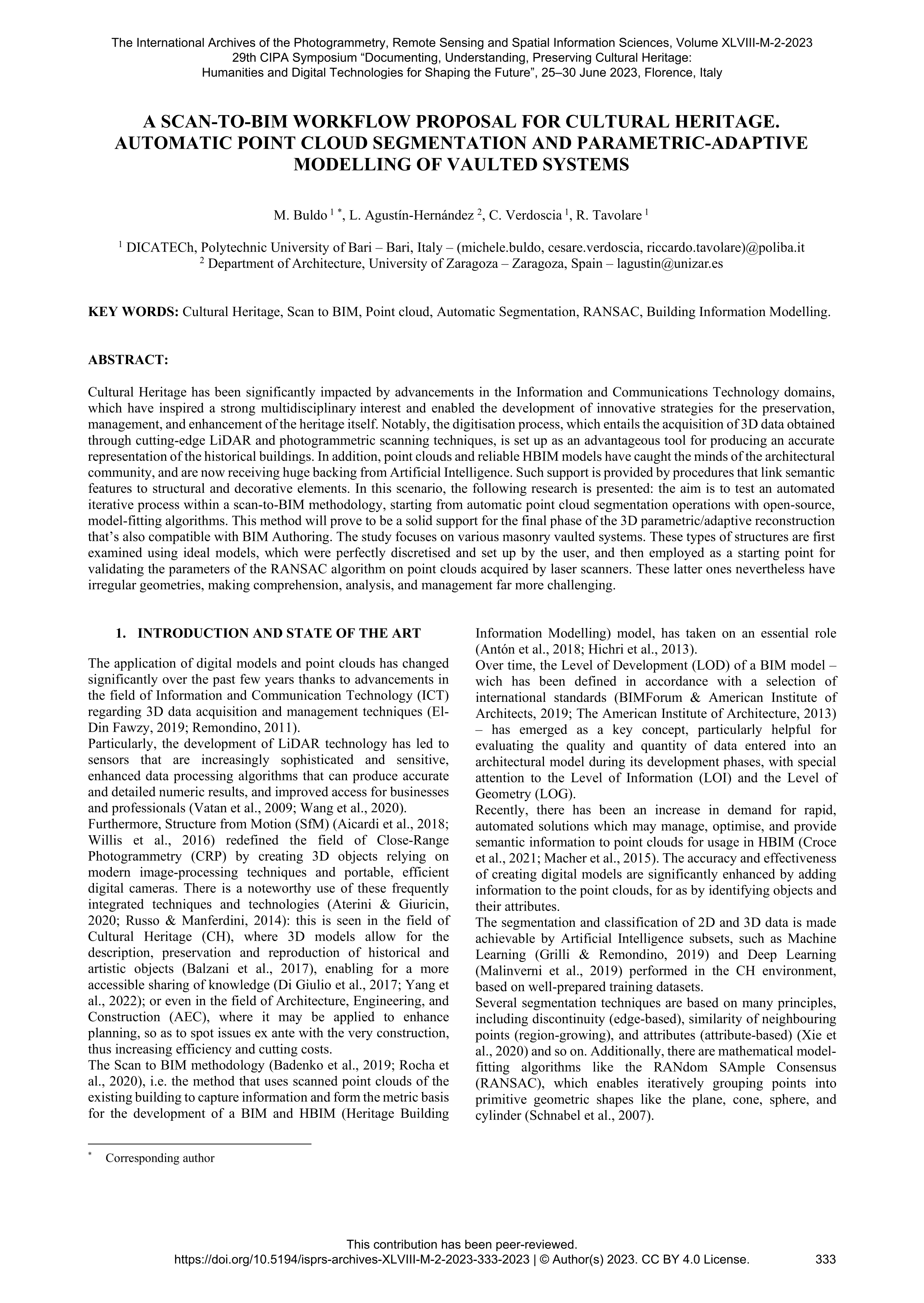 A SCAN-TO-BIM Workflow proposal for cultural heritage. Automatic point cloud segmentation and parametric-adaptive modelling of vaulted systems