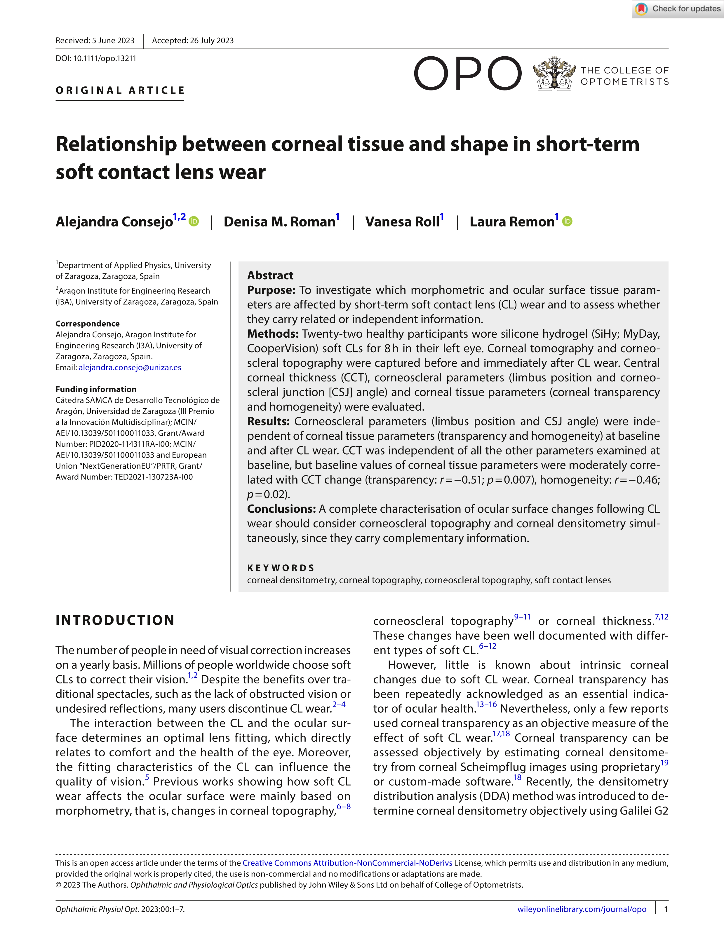 Relationship between corneal tissue and shape in short-term soft contact lens wear