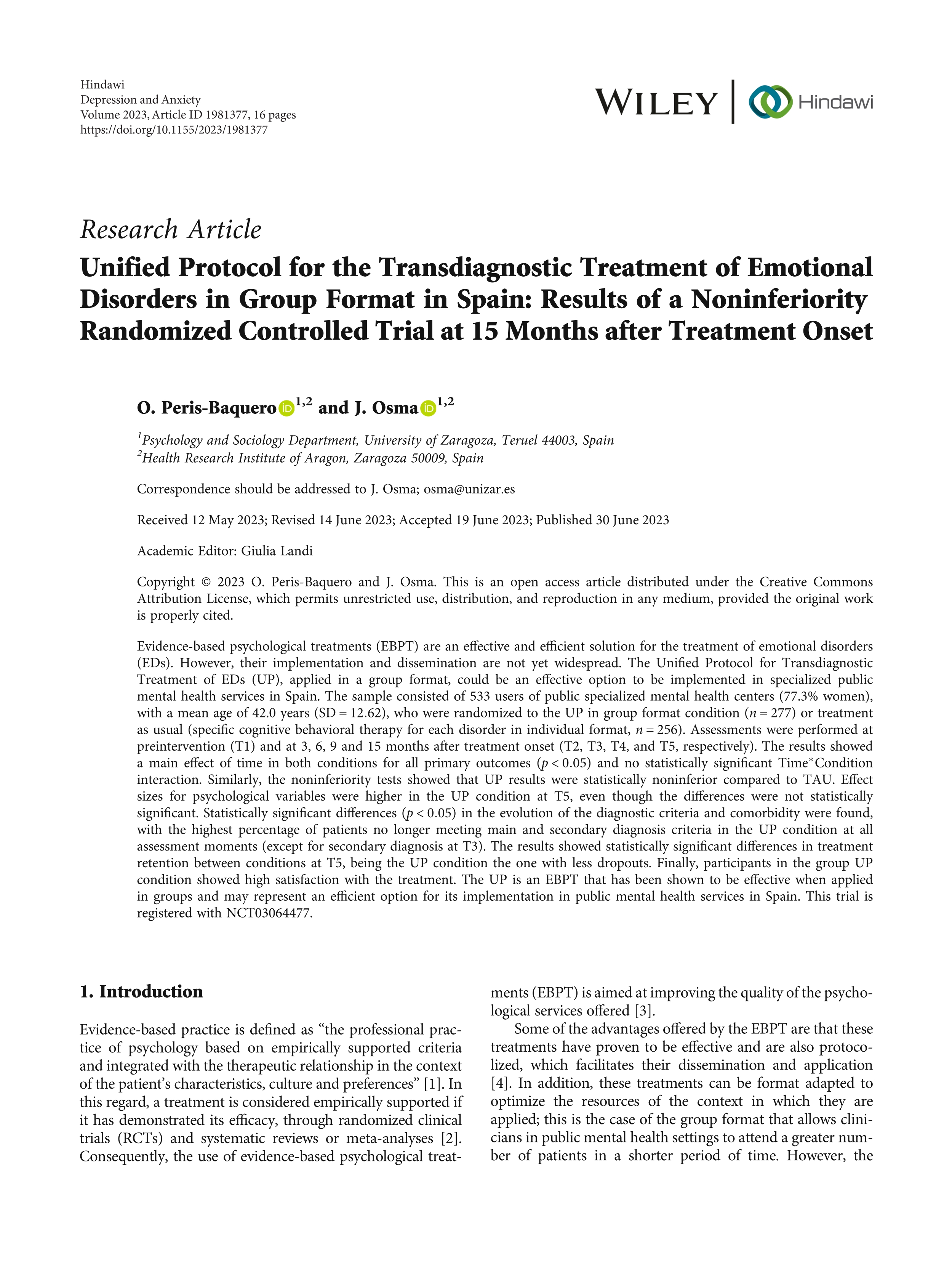 Unified protocol for the transdiagnostic treatment of emotional disorders in group format in spain: results of a noninferiority randomized controlled trial at 15 months after treatment onset