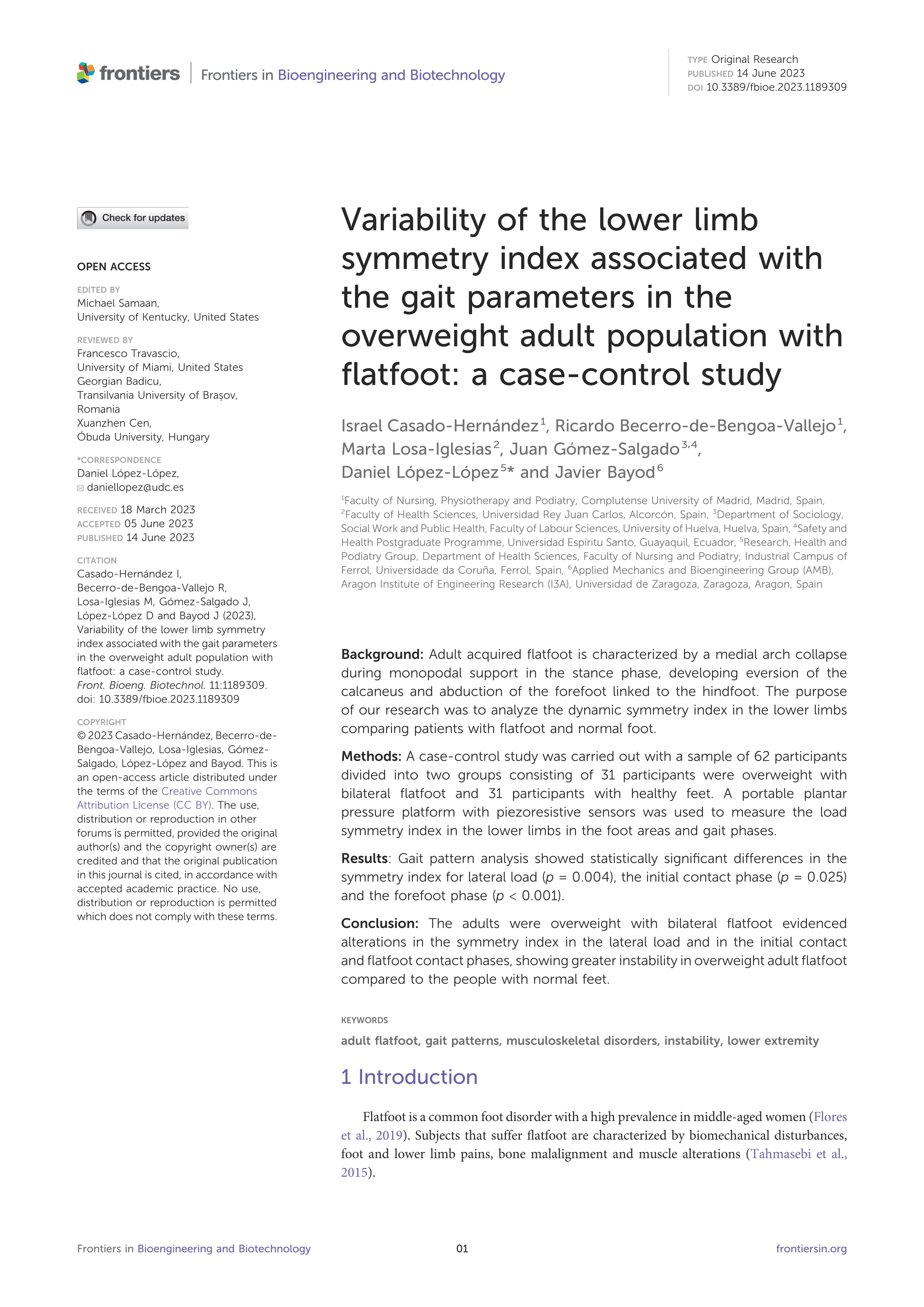 Variability of the lower limb symmetry index associated with the gait parameters in the overweight adult population with flatfoot: a case-control study
