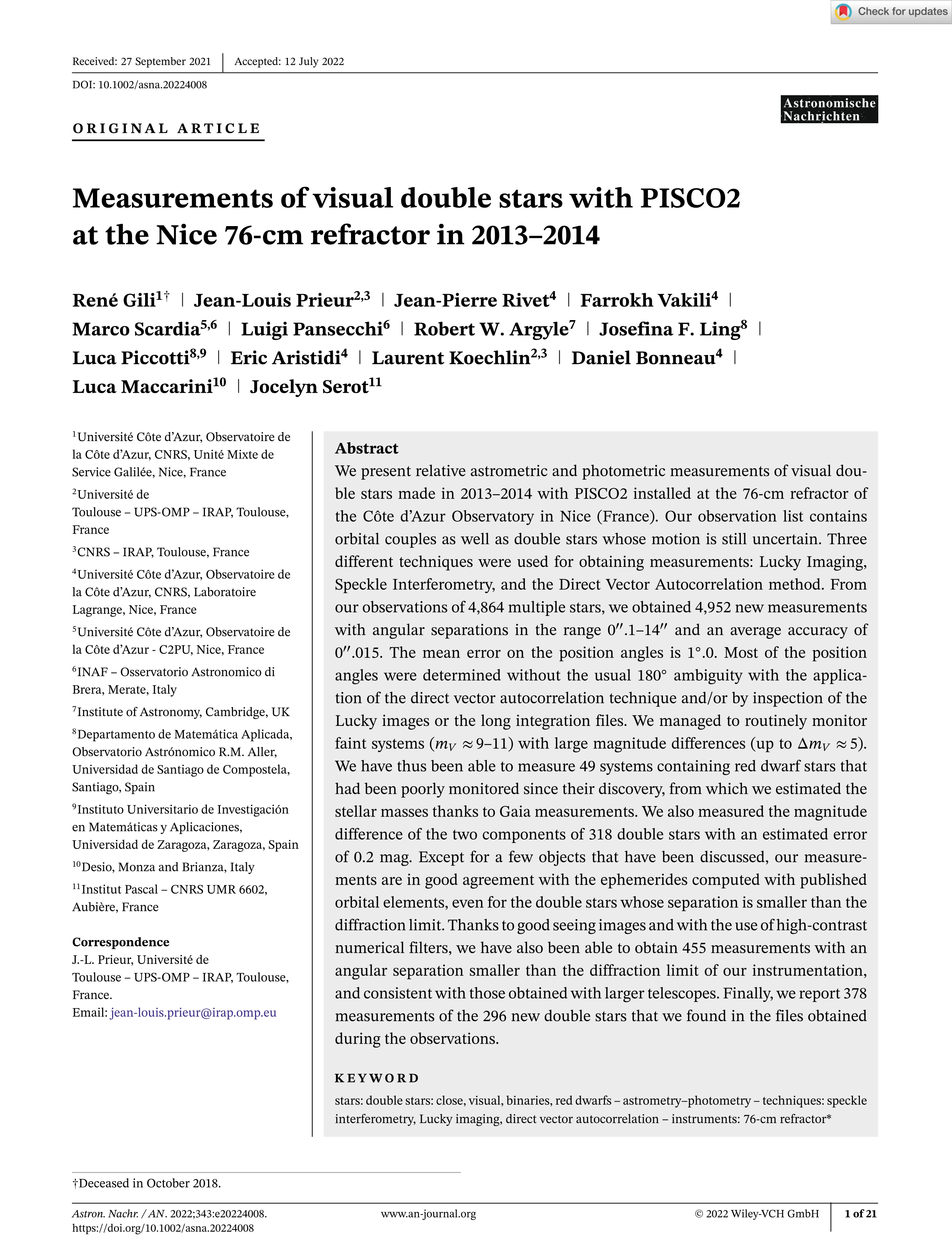 Measurements of visual double stars with PISCO2 at the Nice 76-cm refractor in 2013–2014