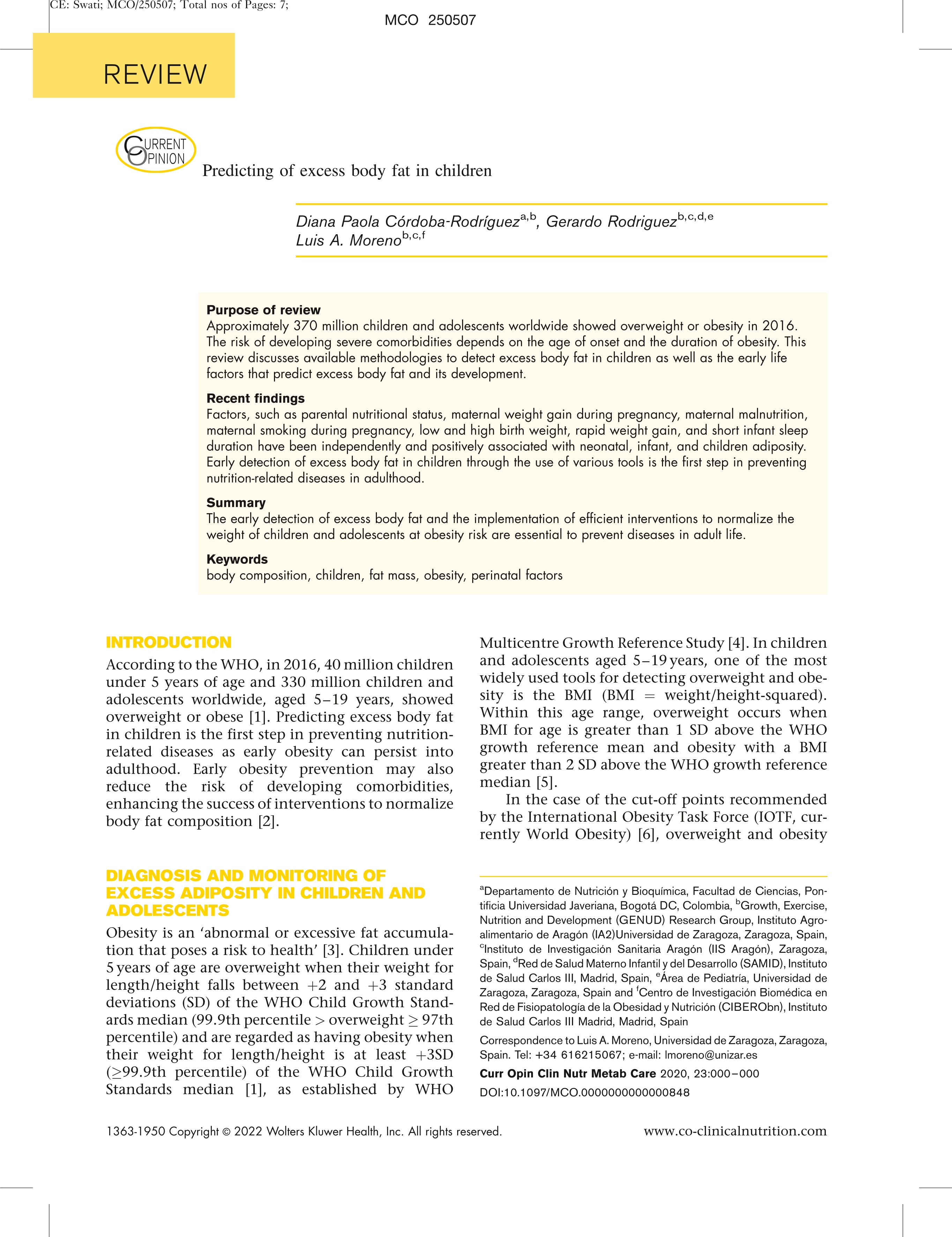 Predicting of excess body fat in children