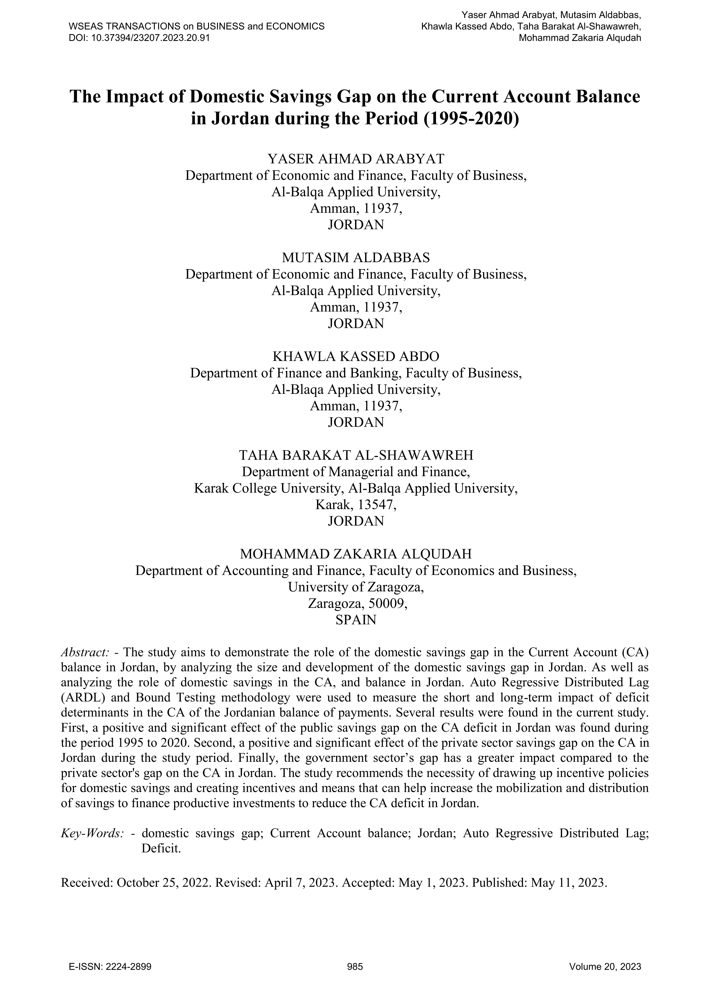 The impact of domestic savings gap on the current account balance in Jordan during the period (1995-2020)