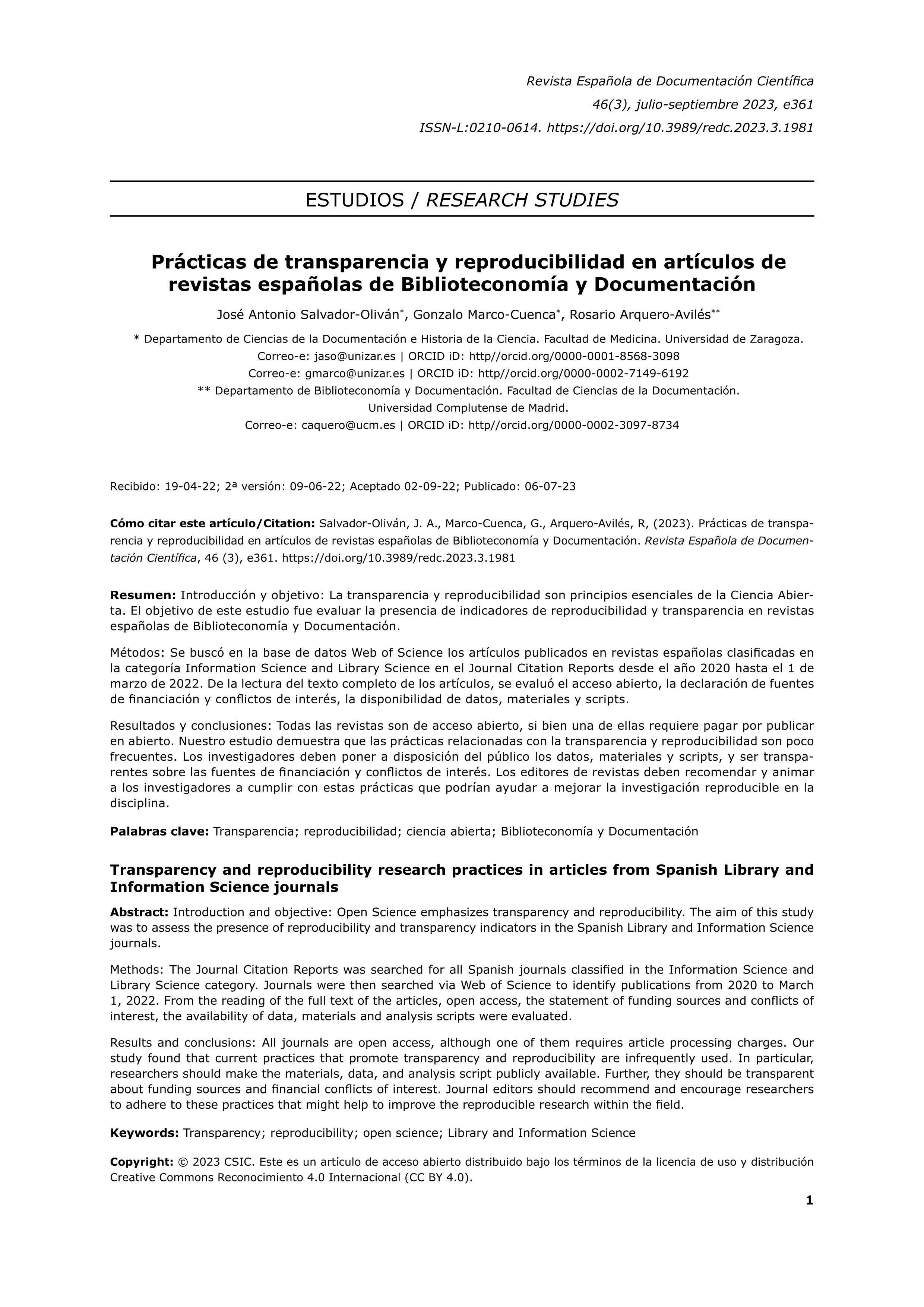 Prácticas de transparencia y reproducibilidad en artículos de revistas españolas de Biblioteconomía y Documentación