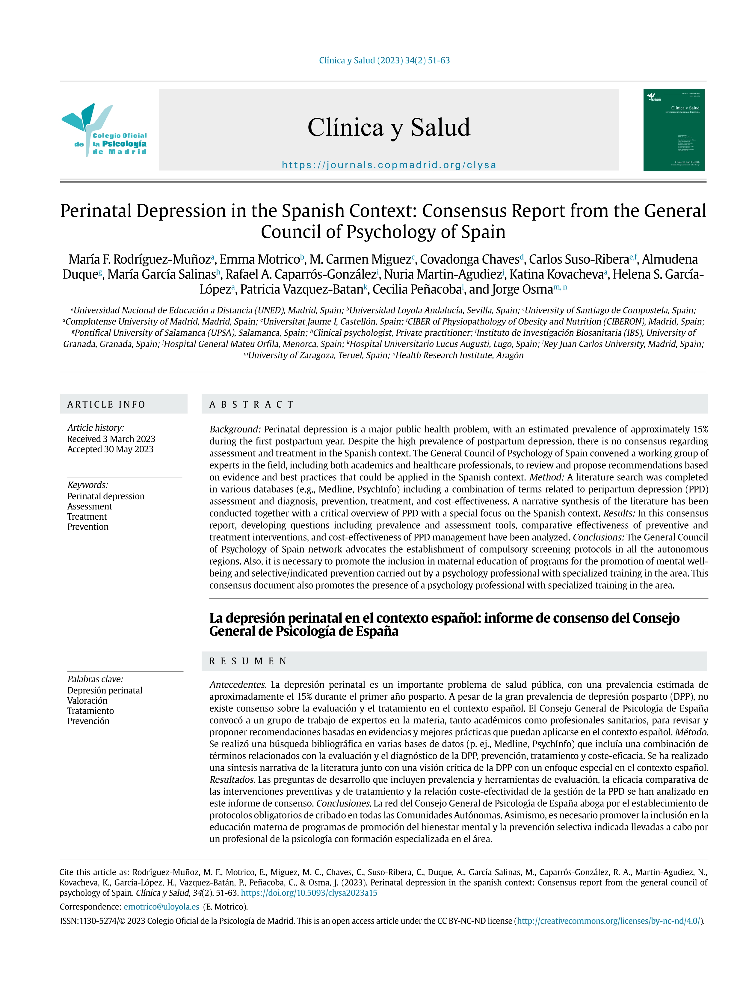 Perinatal depression in the Spanish context: consensus report from the general council of psychology of Spain