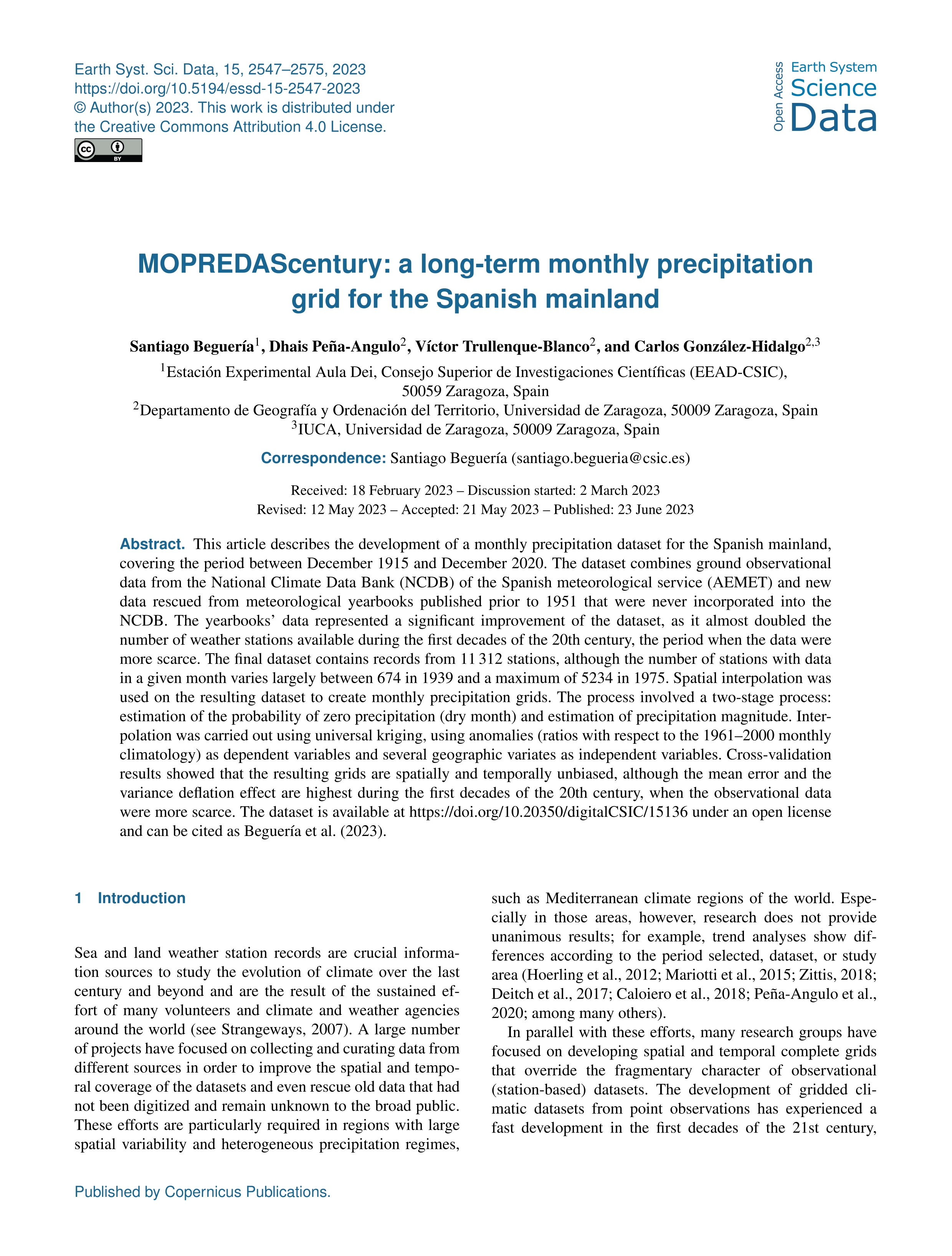 MOPREDAScentury: a long-term monthly precipitation grid for the Spanish mainland