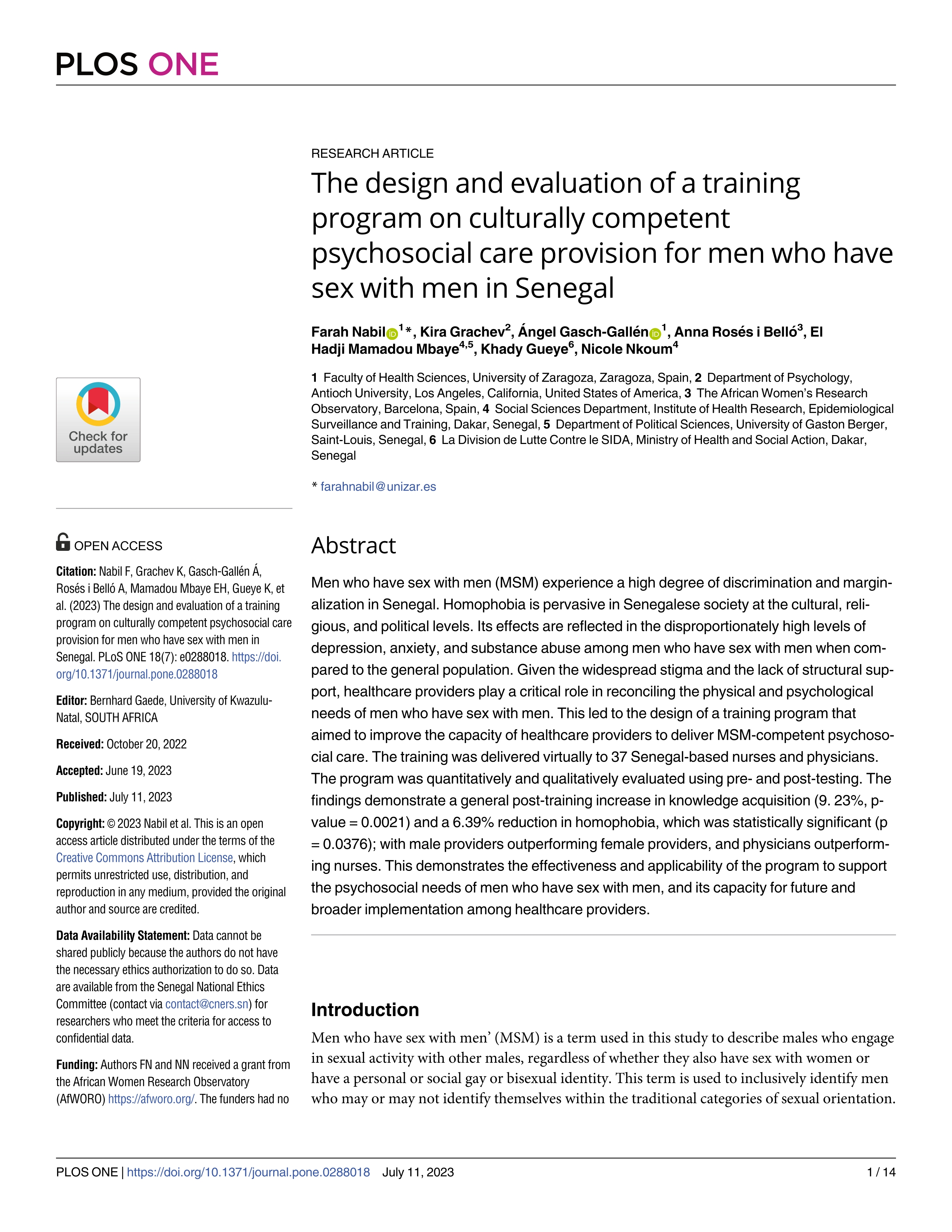 The design and evaluation of a training program on culturally competent psychosocial care provision for men who have sex with men in Senegal