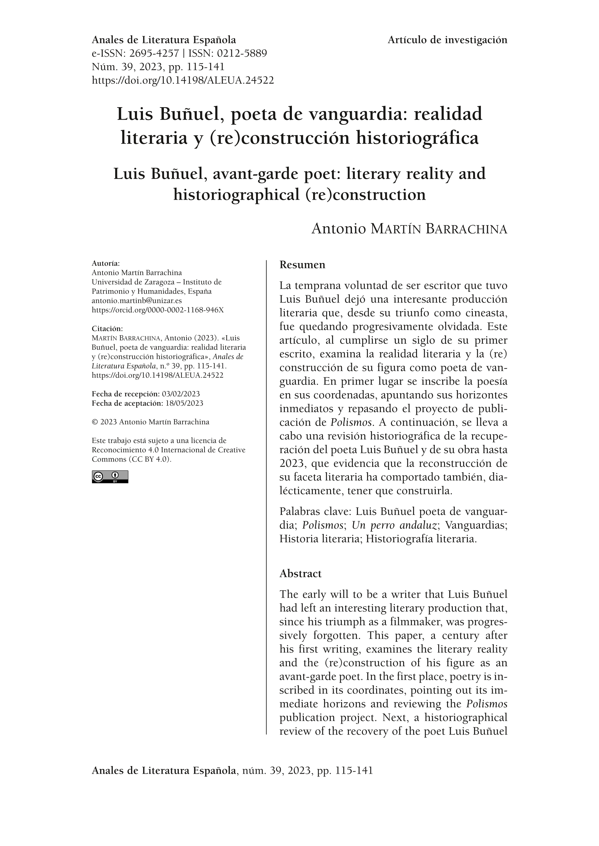 Luis Buñuel, poeta de vanguardia: realidad literaria y (re)construcción historiográfica