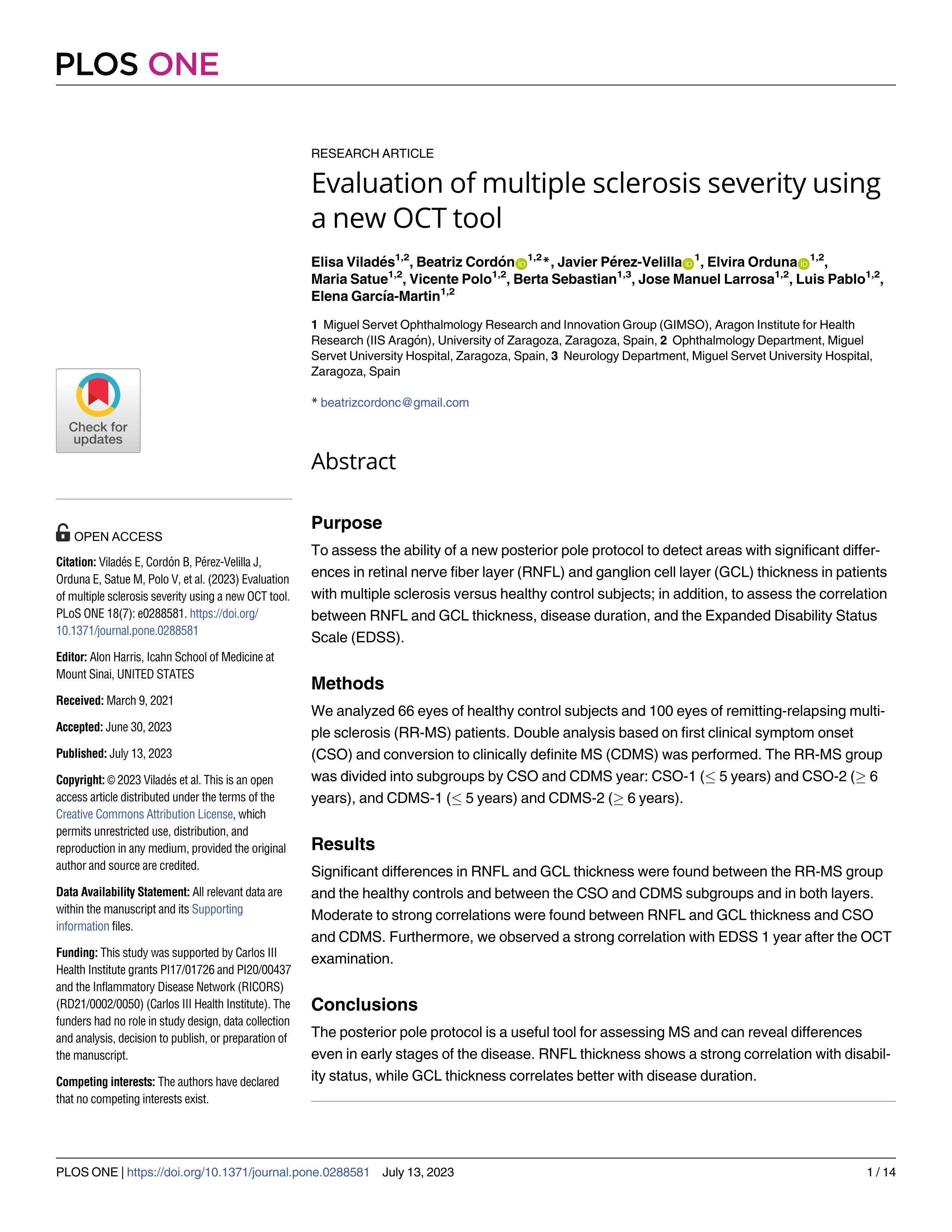 Evaluation of multiple sclerosis severity using a new OCT tool