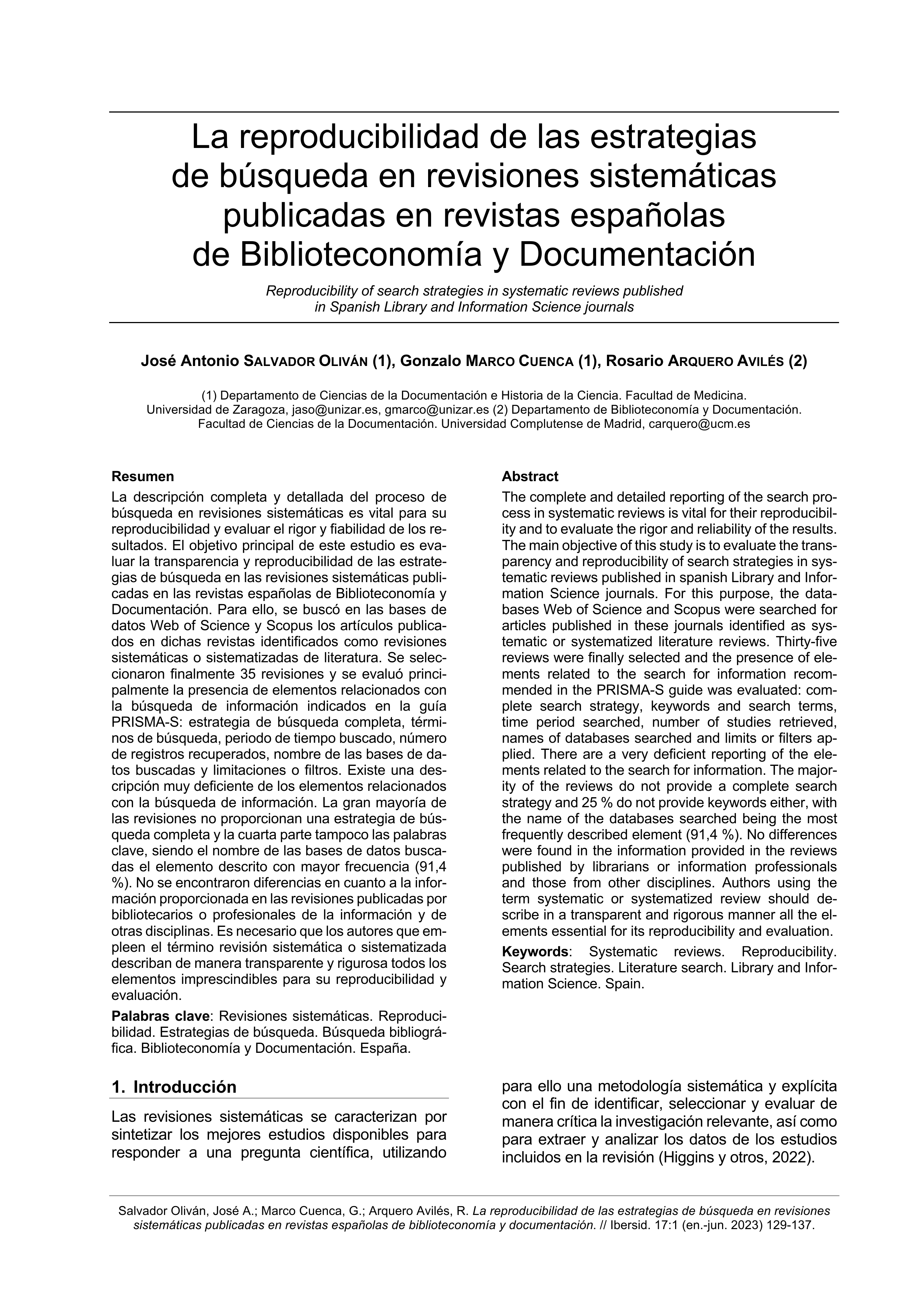 La reproducibilidad de las estrategias de búsqueda en revisiones sistemáticas publicadas en revistas españolas de Biblioteconomía y Documentación