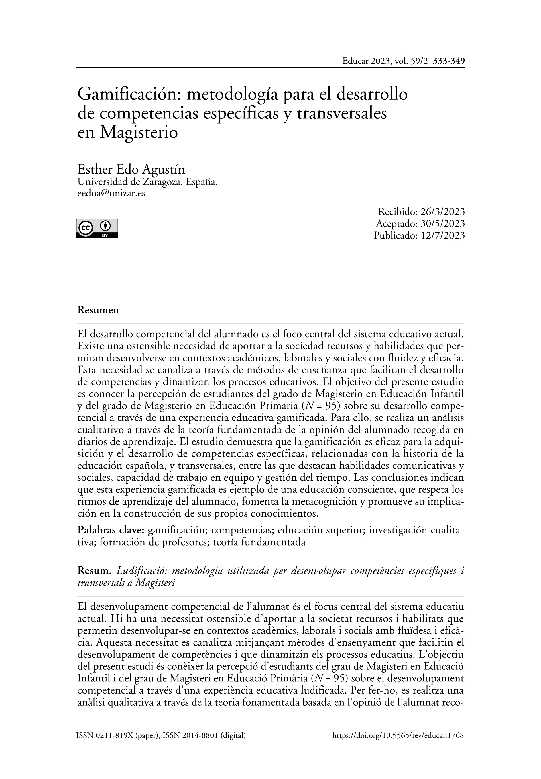 Gamificación: metodología para el desarrollo de competencias específicas y transversales en Magisterio