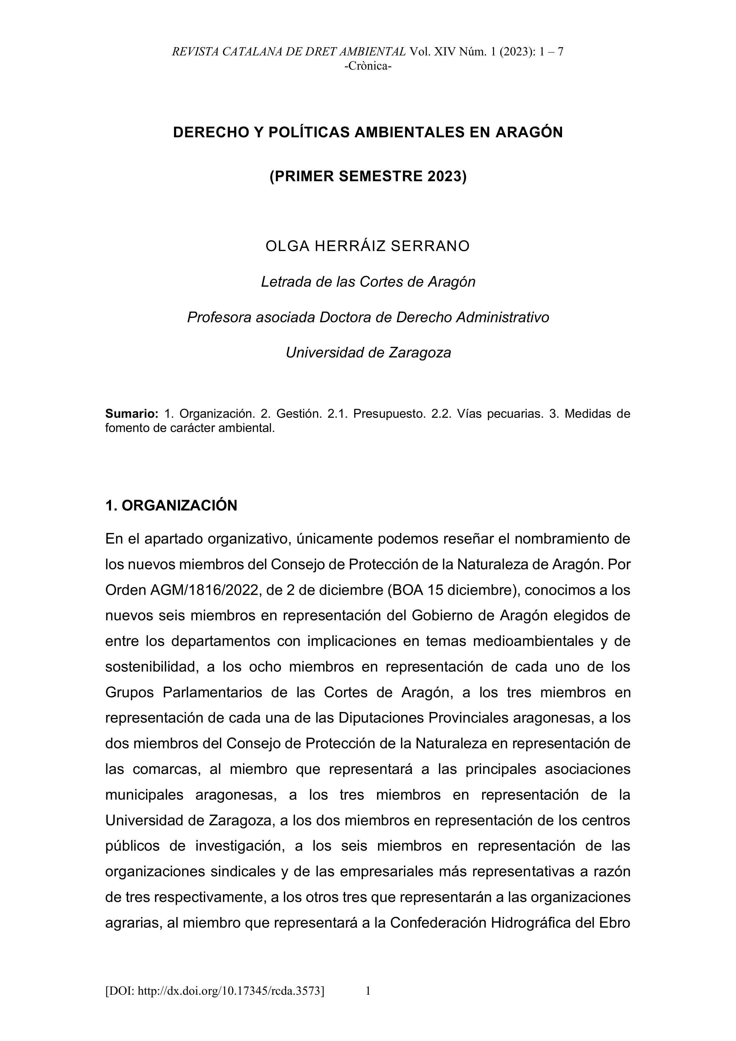 Derecho y políticas ambientales en Aragón (Primer semestre 2023)