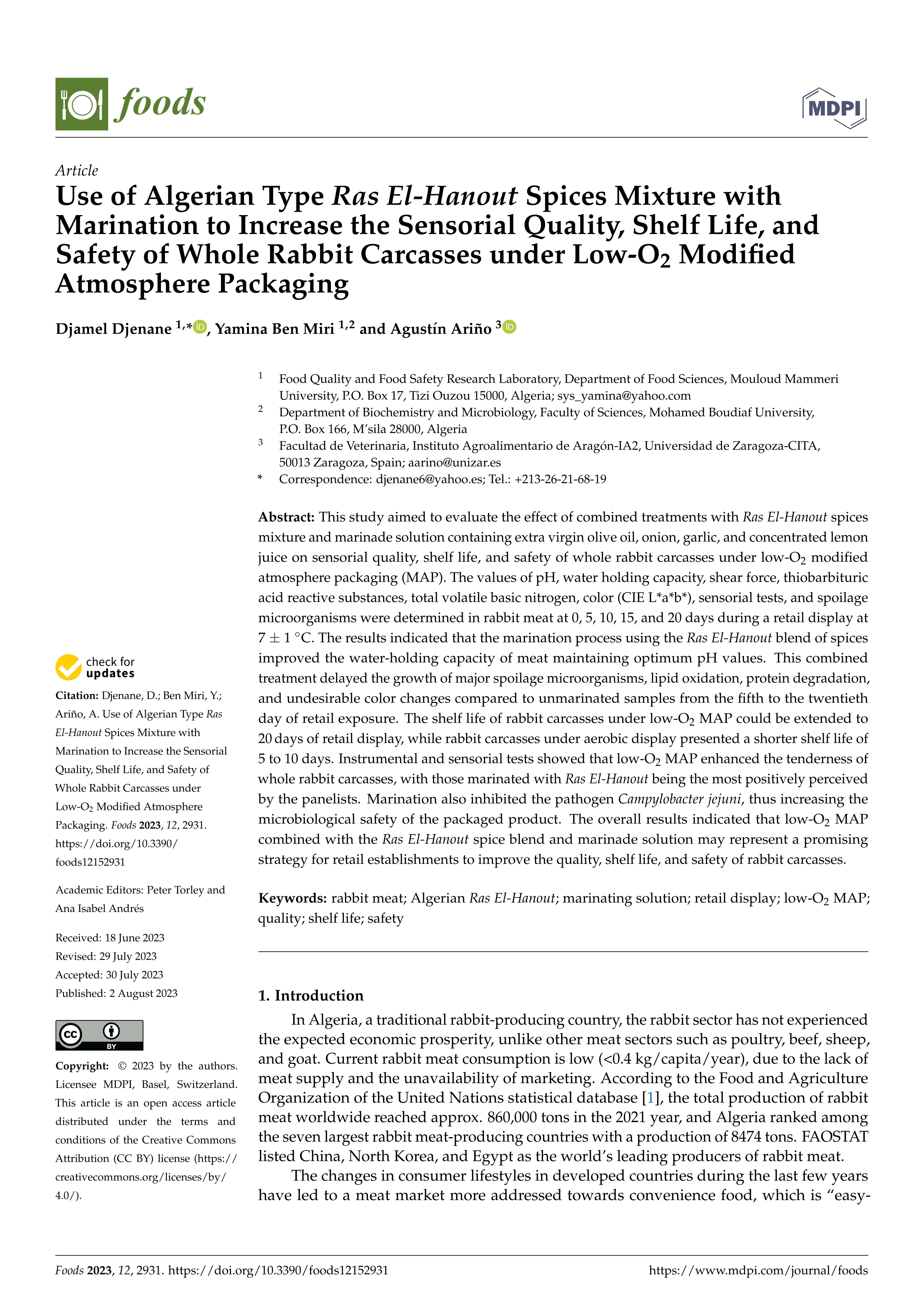 Use of Algerian type Ras El-Hanout spices mixture with marination to increase the sensorial quality, shelf life, and safety of whole rabbit carcasses under low-O2 modified atmosphere packaging