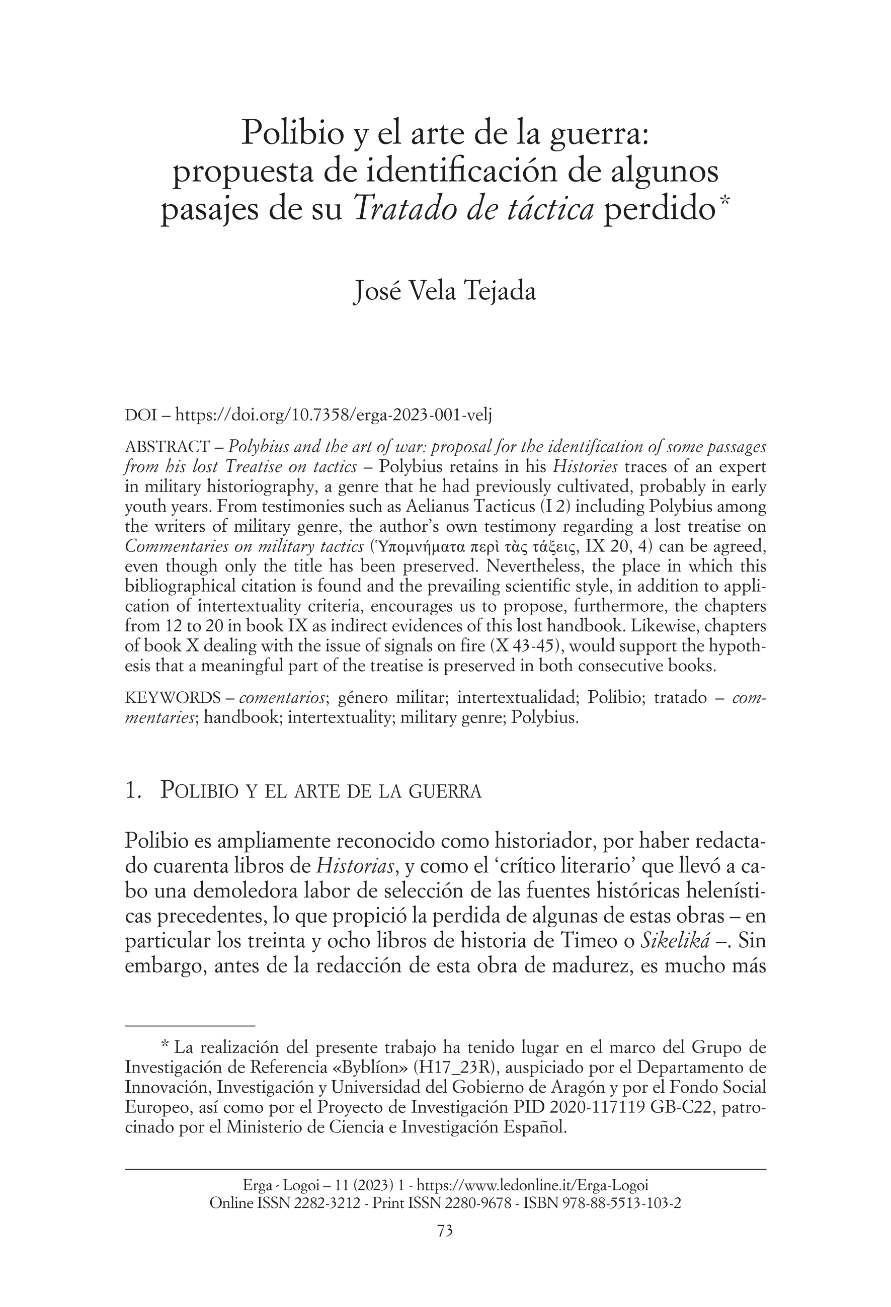 Polibio y el arte de la guerra: propuesta de identificación de algunos pasajes de su Tratado de táctica perdido