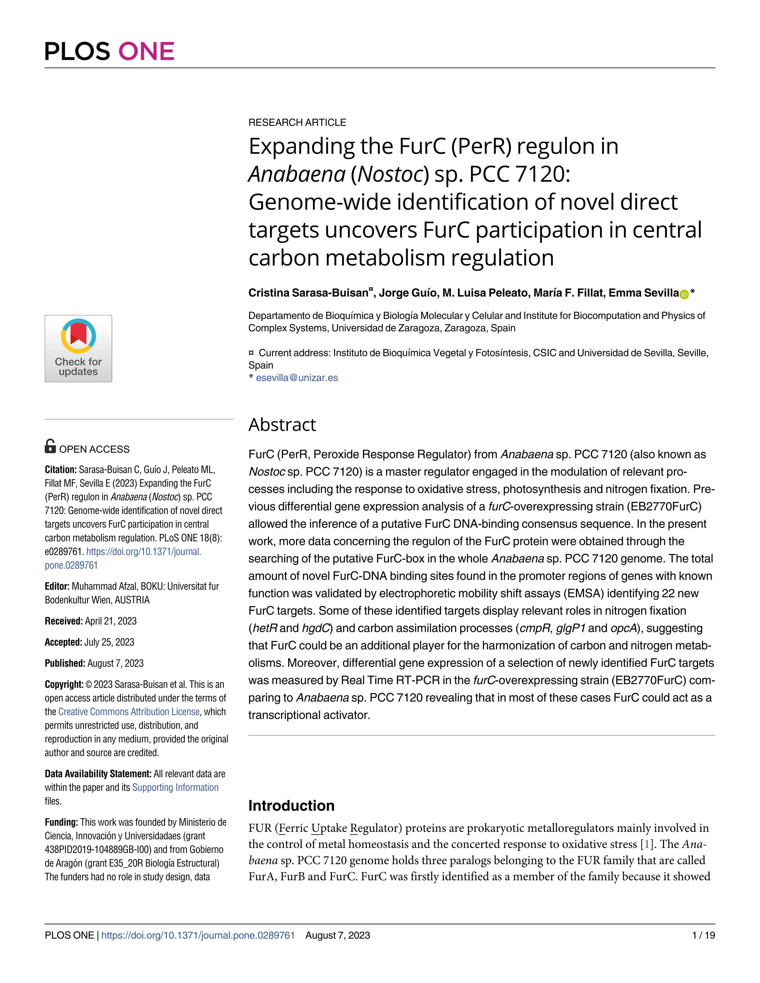 Expanding the FurC (PerR) regulon in Anabaena (Nostoc) sp. PCC 7120: Genome-wide identification of novel direct targets uncovers FurC participation in central carbon metabolism regulation