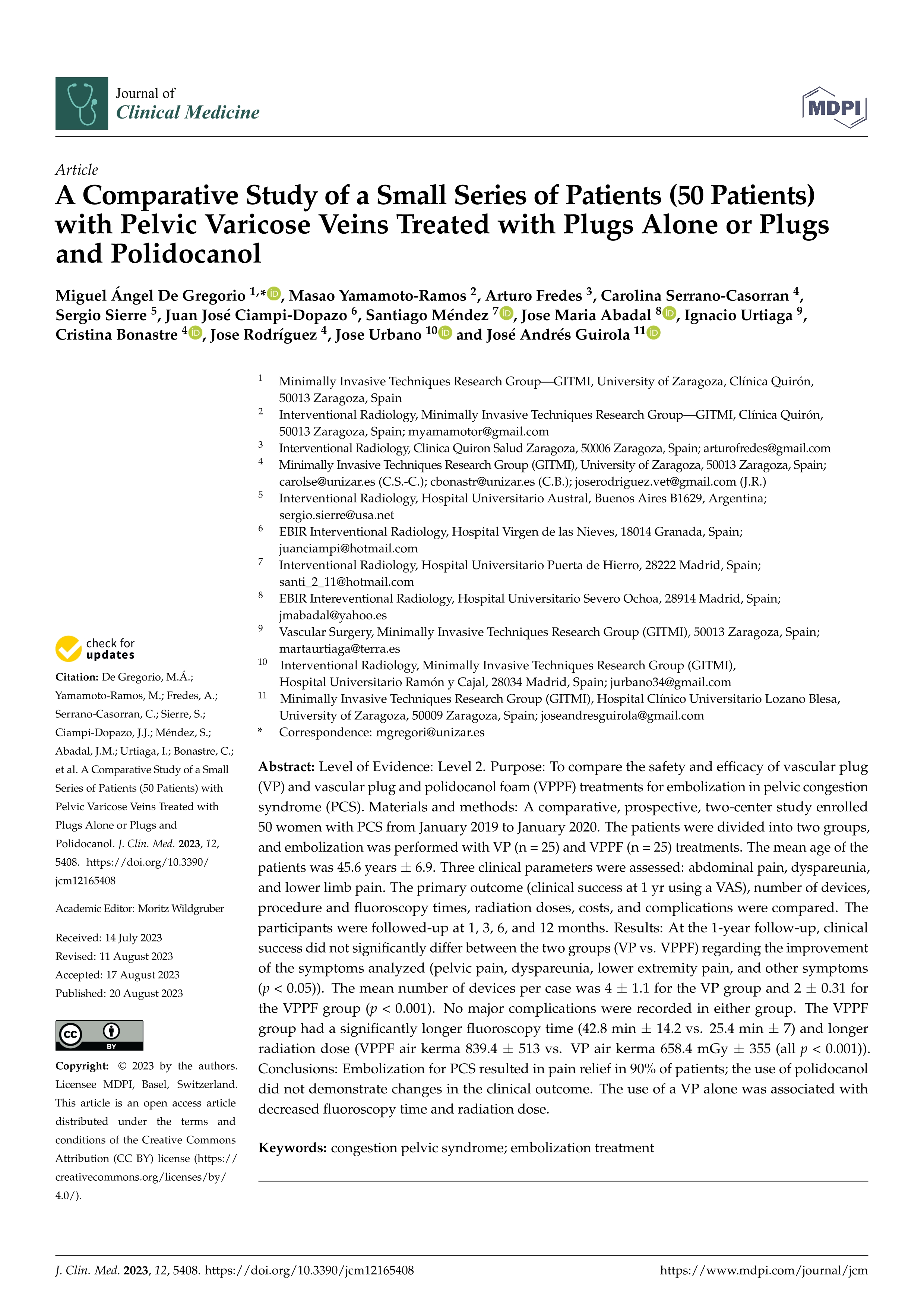 A comparative study of a small series of patients (50 patients) with pelvic varicose veins treated with plugs alone or plugs and polidocanol