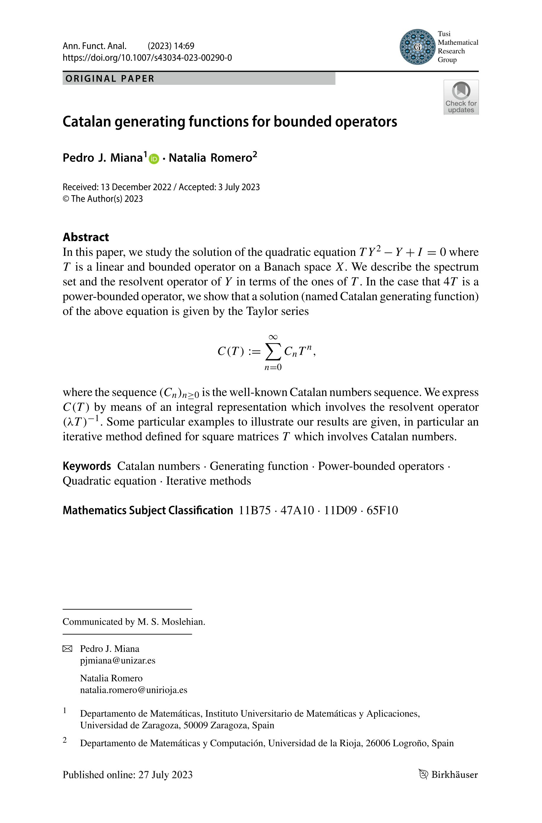 Catalan generating functions for bounded operators