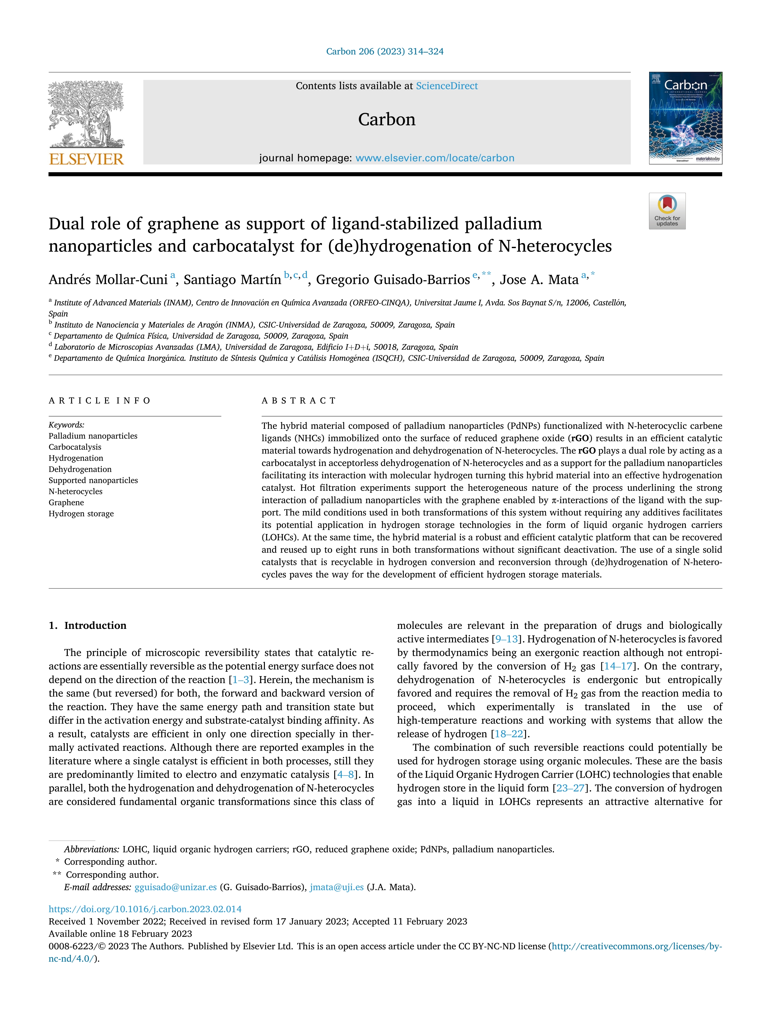 Dual role of graphene as support of ligand-stabilized palladium nanoparticles and carbocatalyst for (de)hydrogenation of N-heterocycles