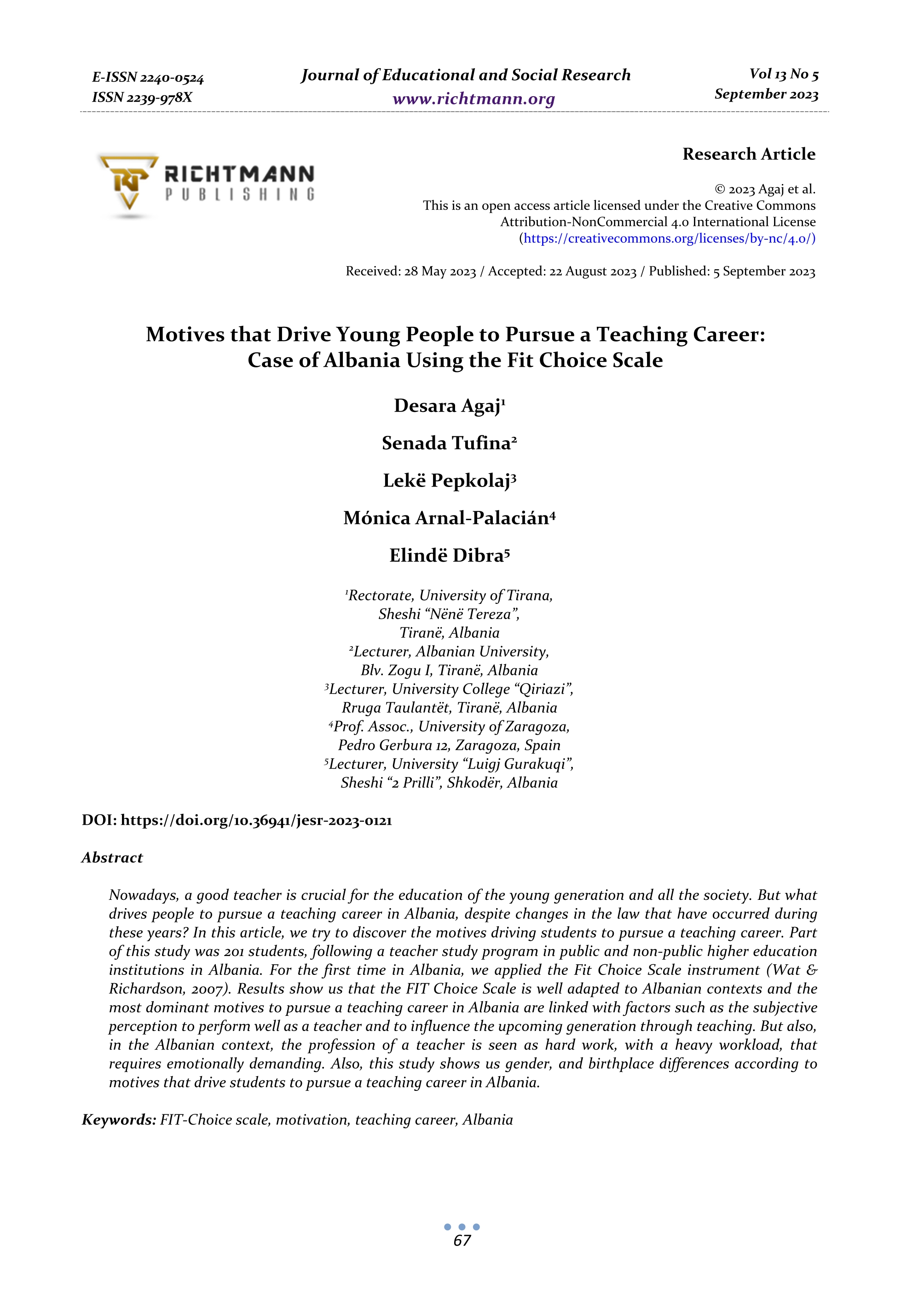 Motives that drive young people to pursue a teaching career: case of Albania using the fit choice scale