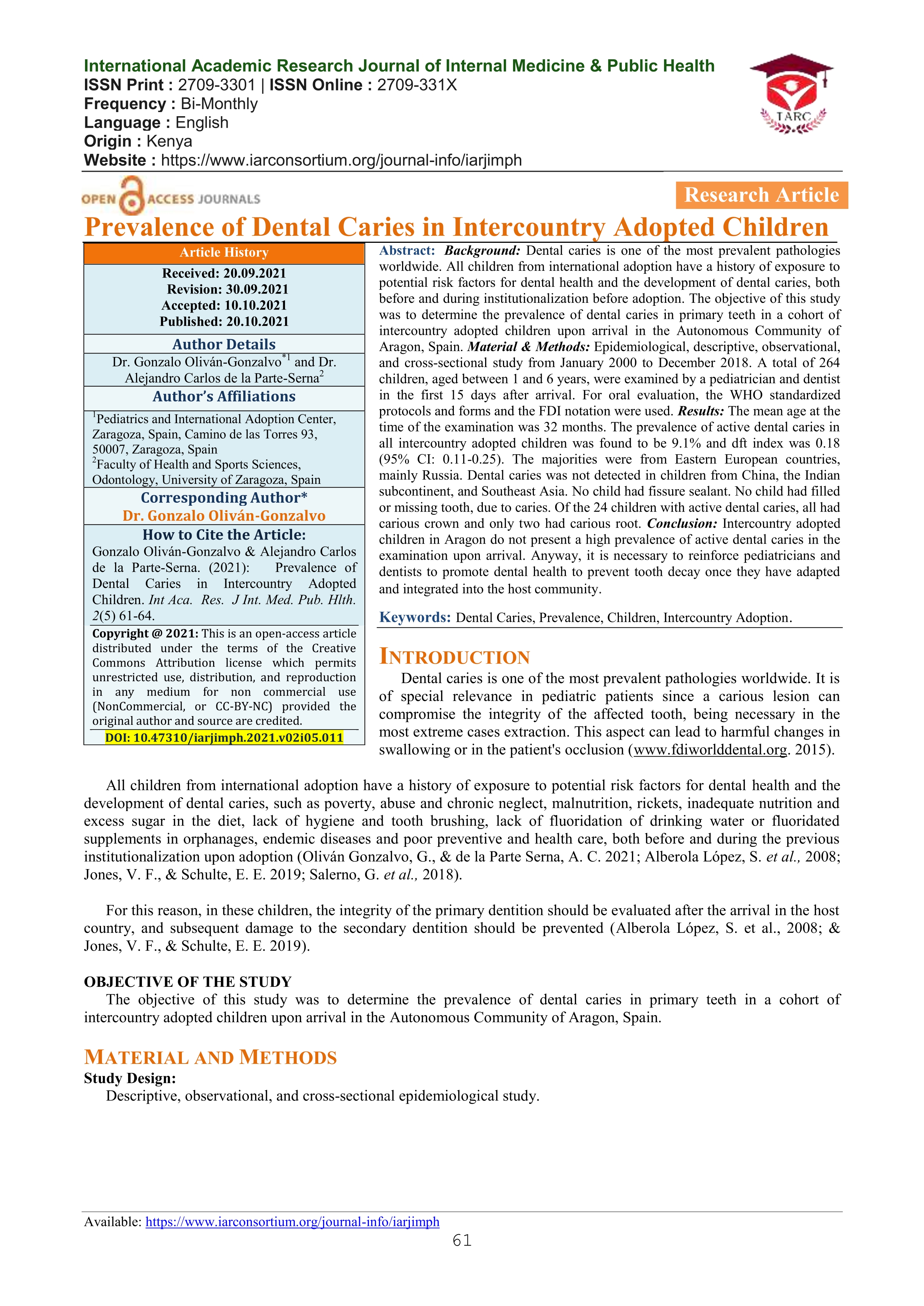 Prevalence of dental caries in intercountry adopted children