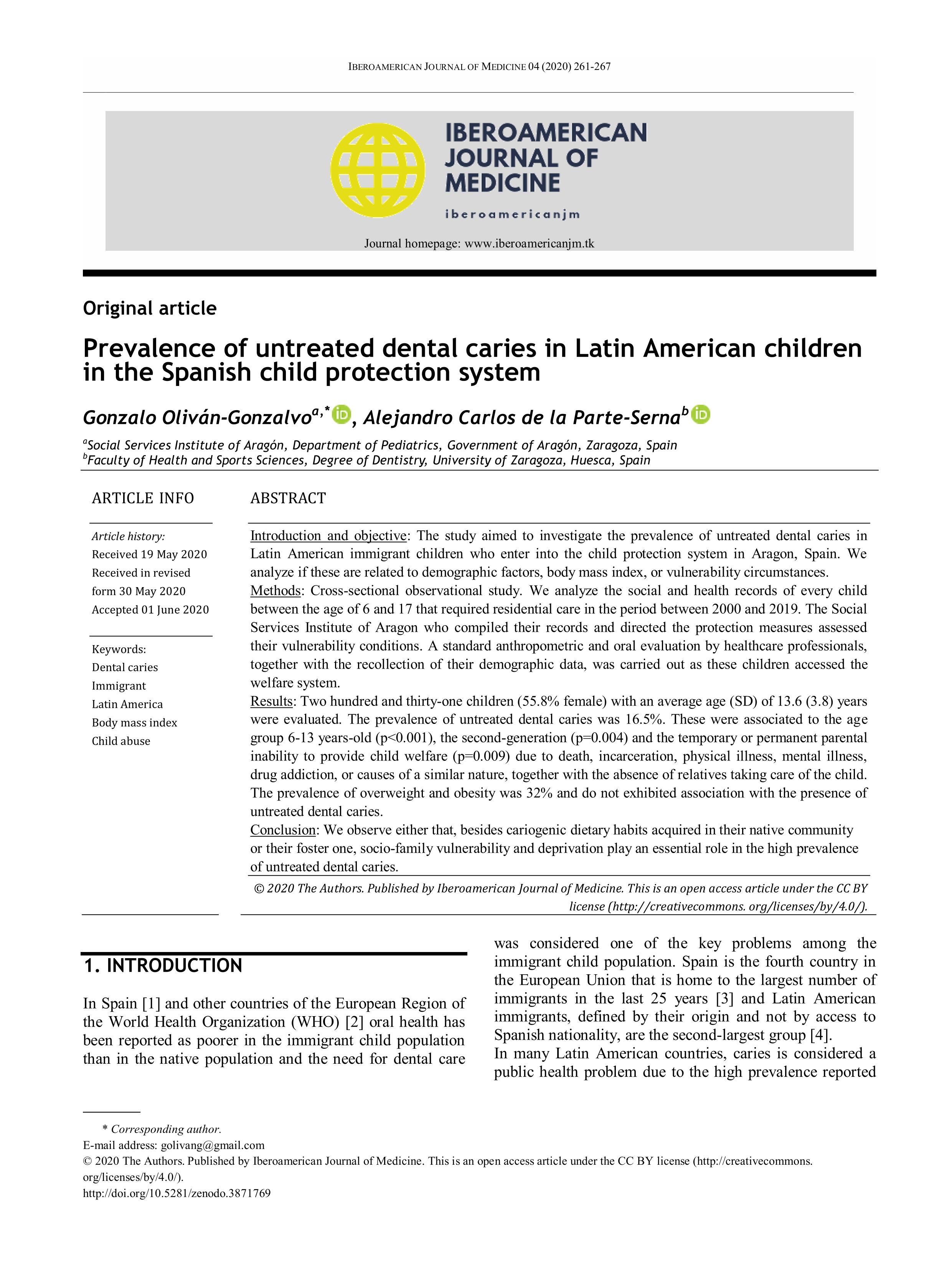 Prevalence of untreated dental caries in Latin American children in the Spanish child protection system