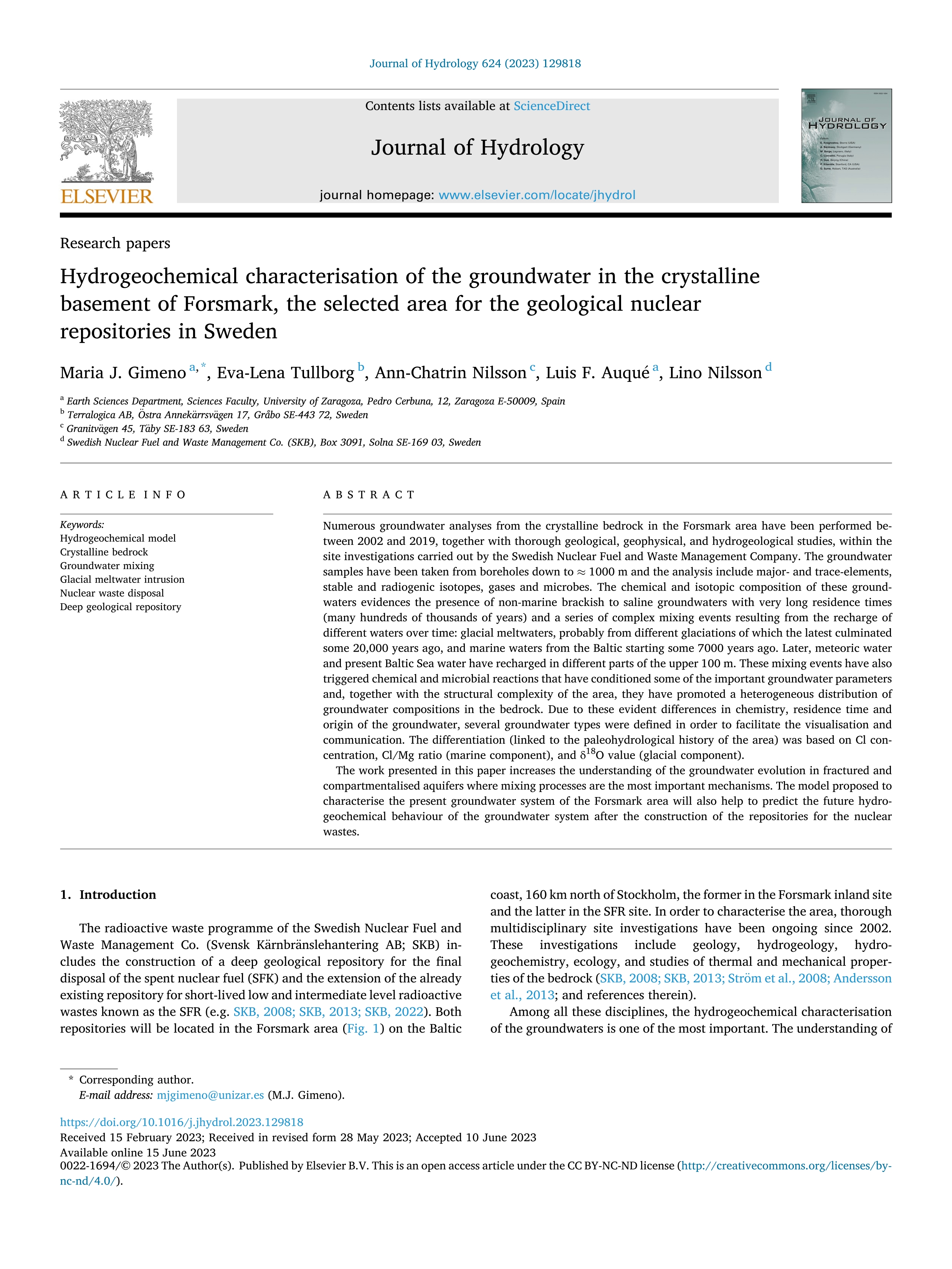 Hydrogeochemical characterisation of the groundwater in the crystalline basement of Forsmark, the selected area for the geological nuclear repositories in Sweden