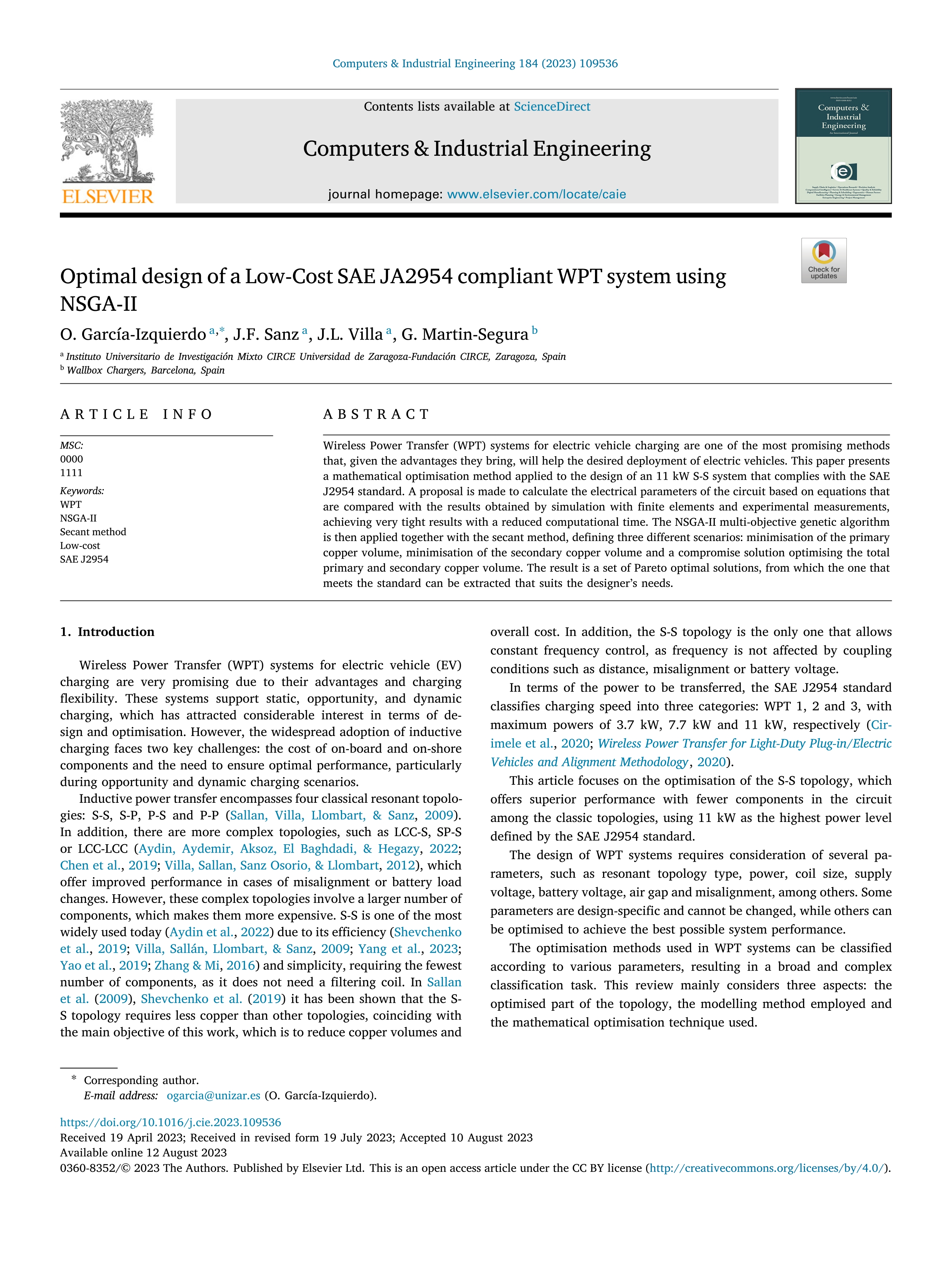 Optimal design of a Low-Cost SAE JA2954 compliant WPT system using NSGA-II