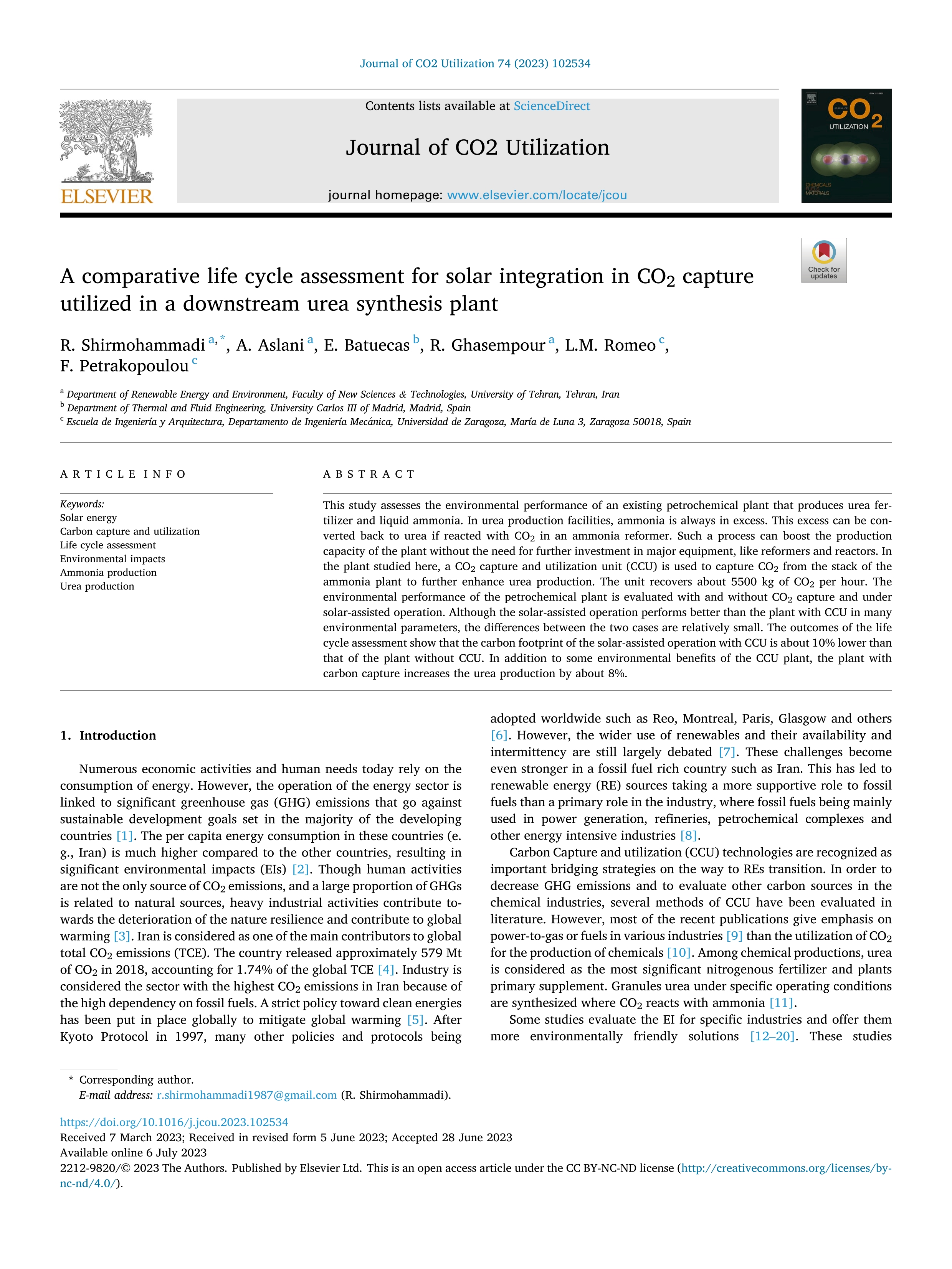 A comparative life cycle assessment for solar integration in CO2 capture utilized in a downstream urea synthesis plant