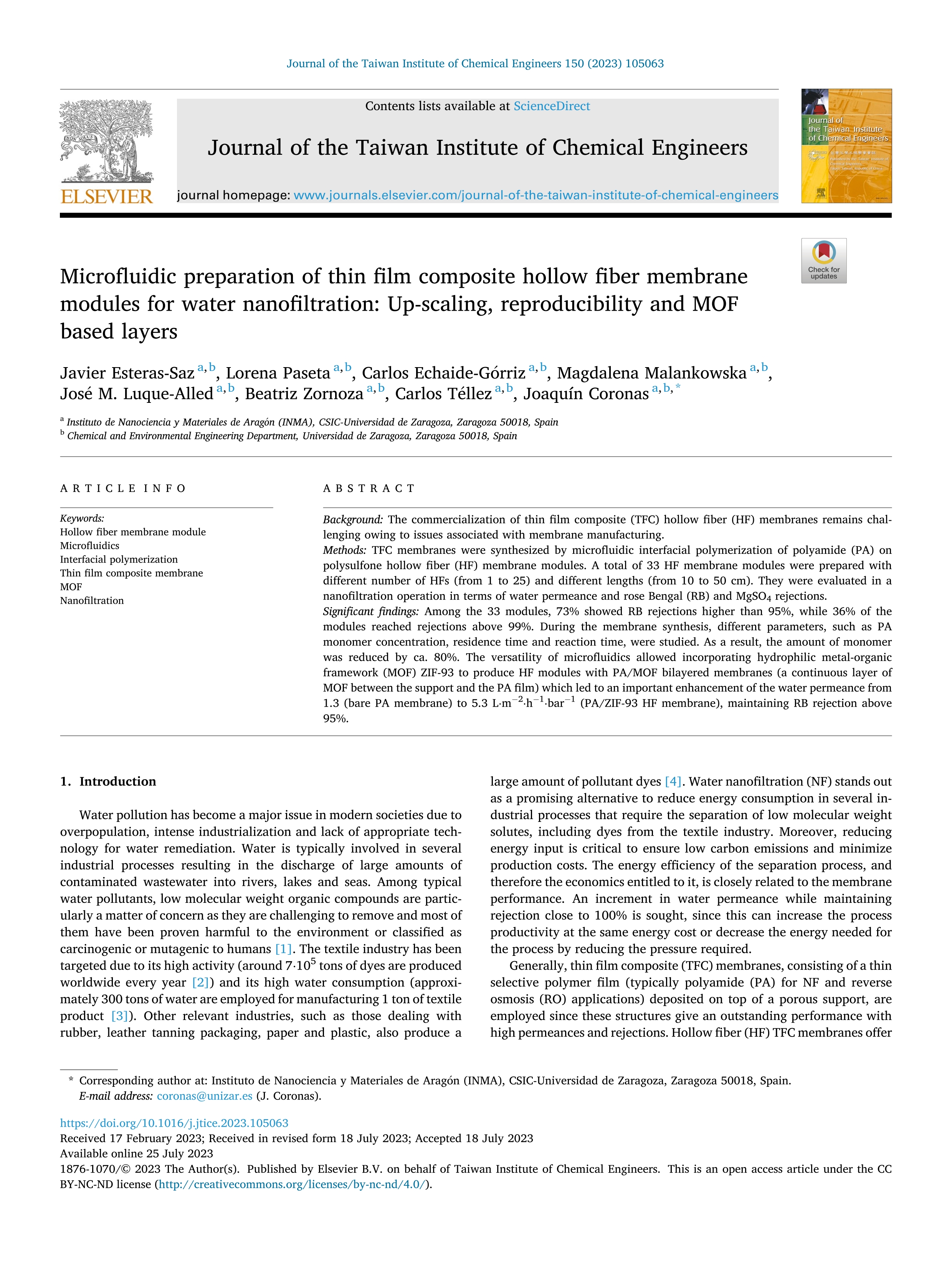 Microfluidic preparation of thin film composite hollow fiber membrane modules for water nanofiltration: Up-scaling, reproducibility and MOF based layers