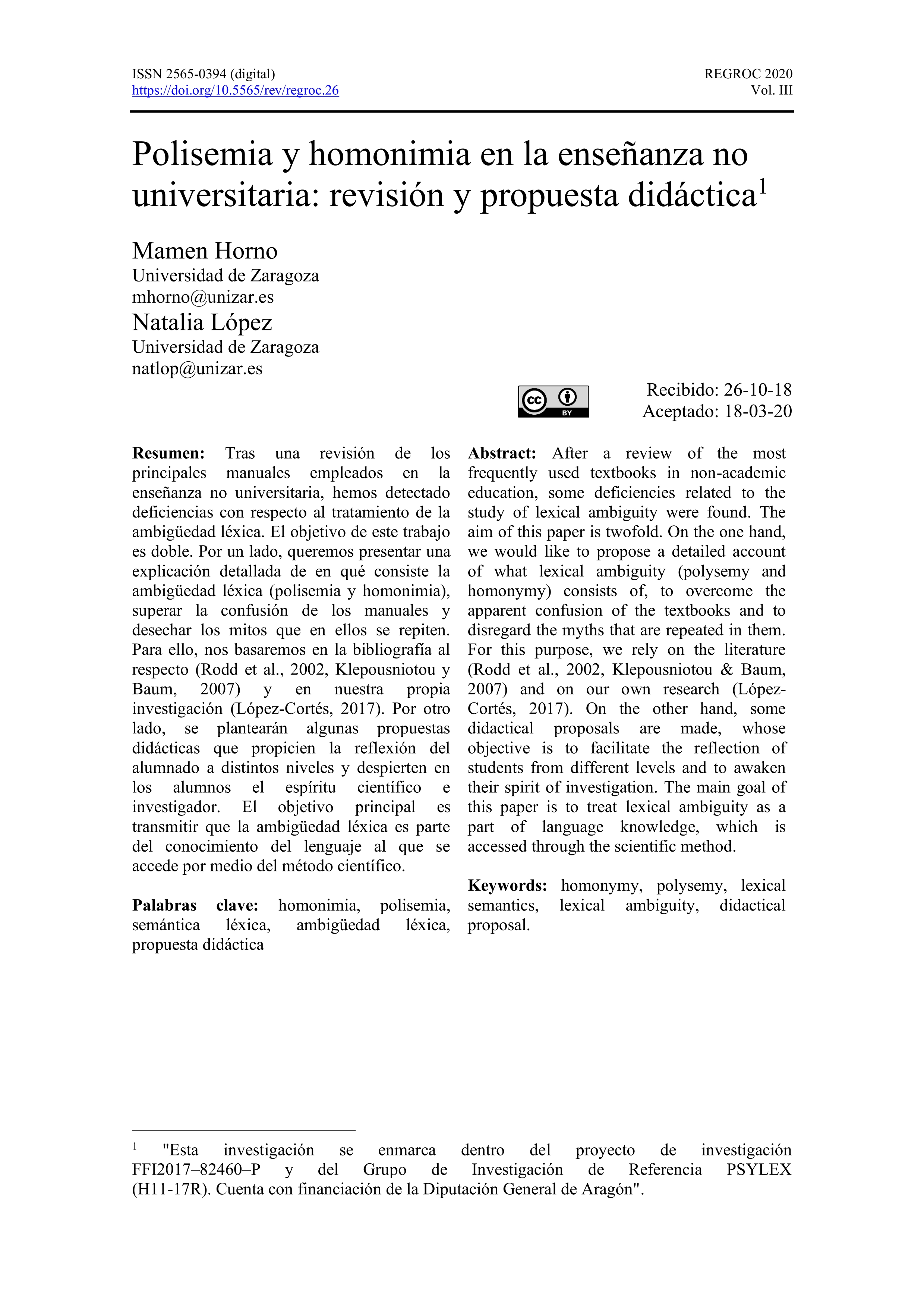 Homonimia y polisemia en la enseñanza no universitaria: revisión y propuesta didáctica