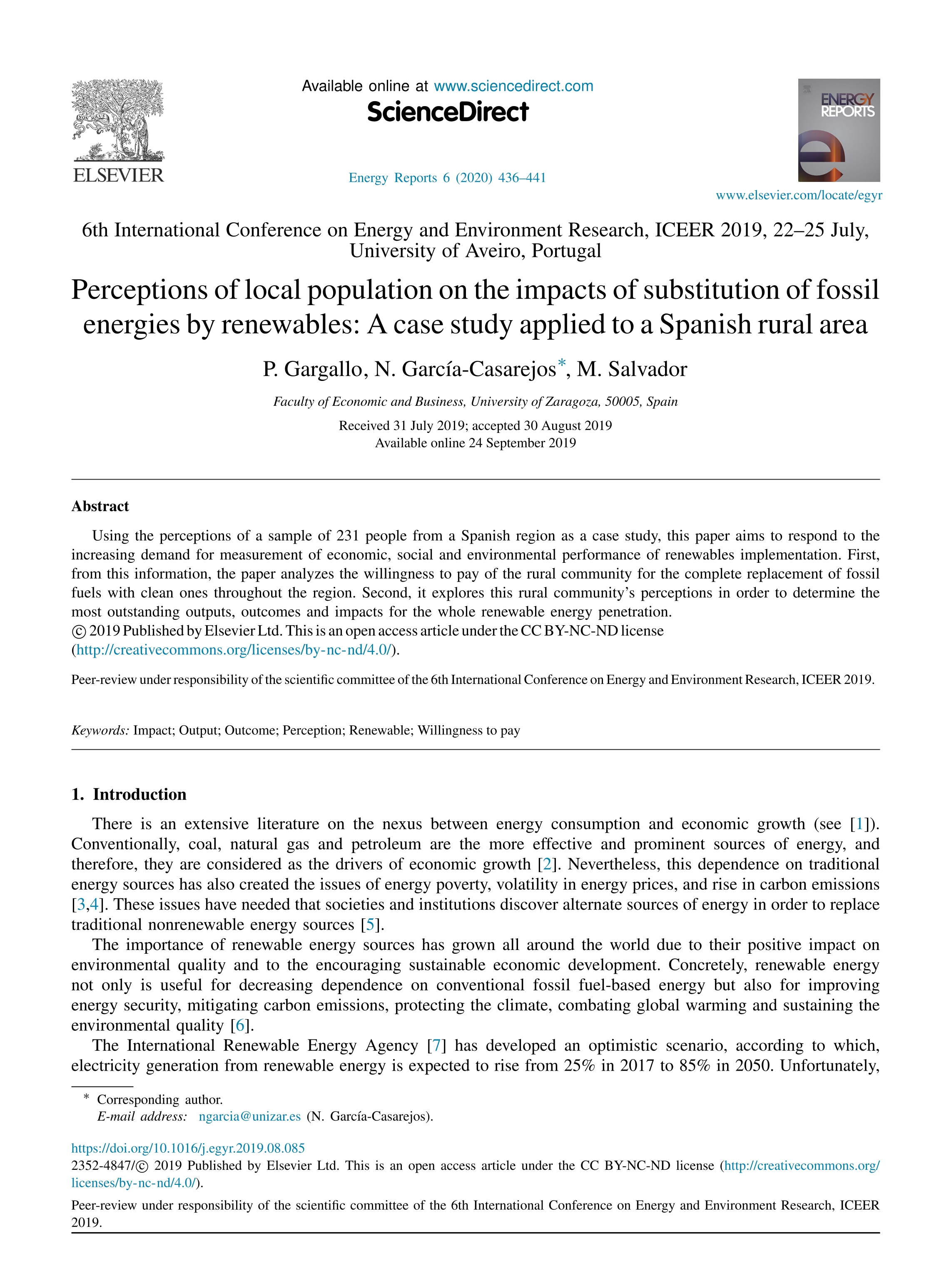 Perceptions of local population on the impacts of substitution of fossil energies by renewables: A case study applied to a Spanish rural area