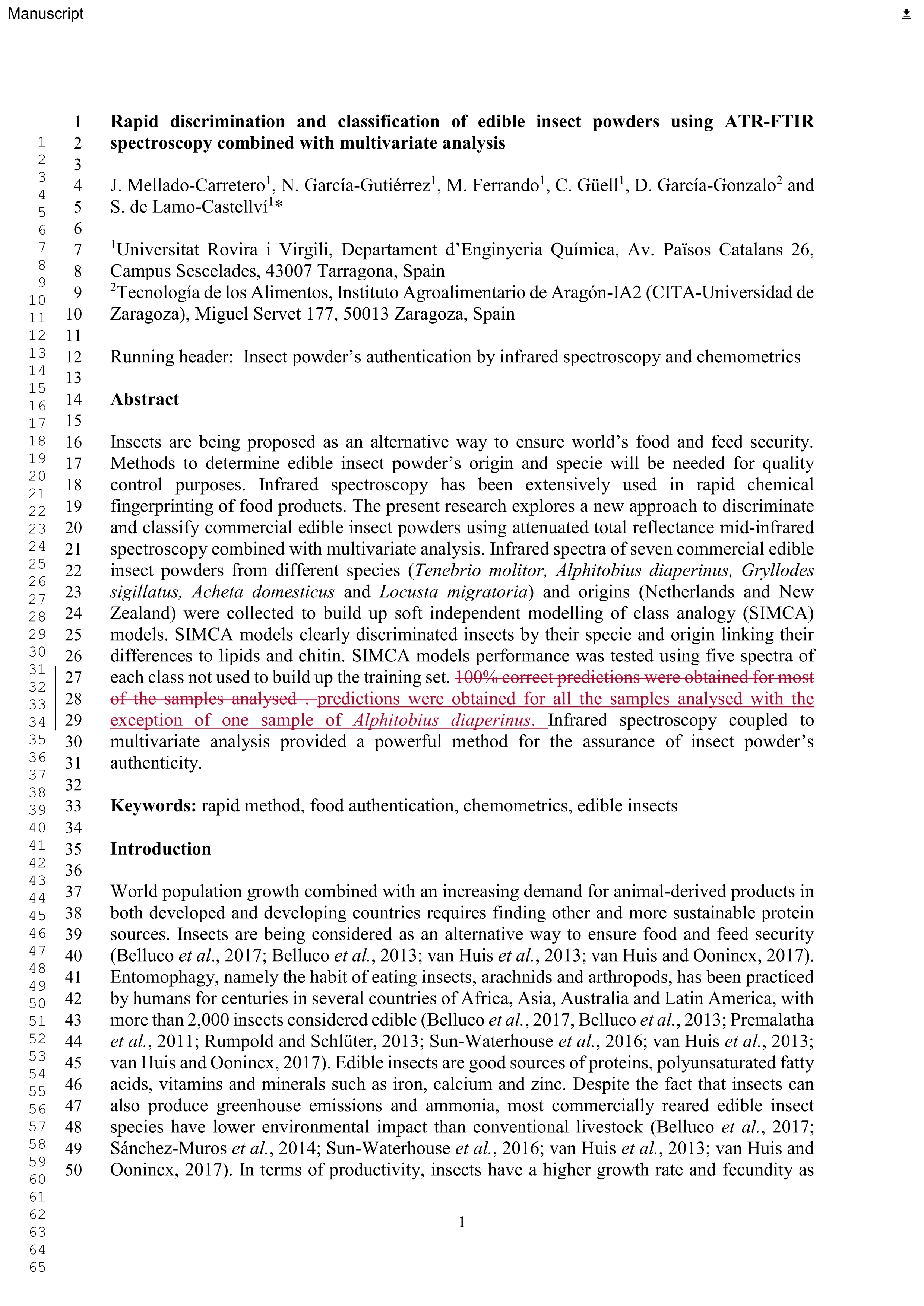 Rapid discrimination and classification of edible insect powders using ATR-FTIR spectroscopy combined with multivariate analysis