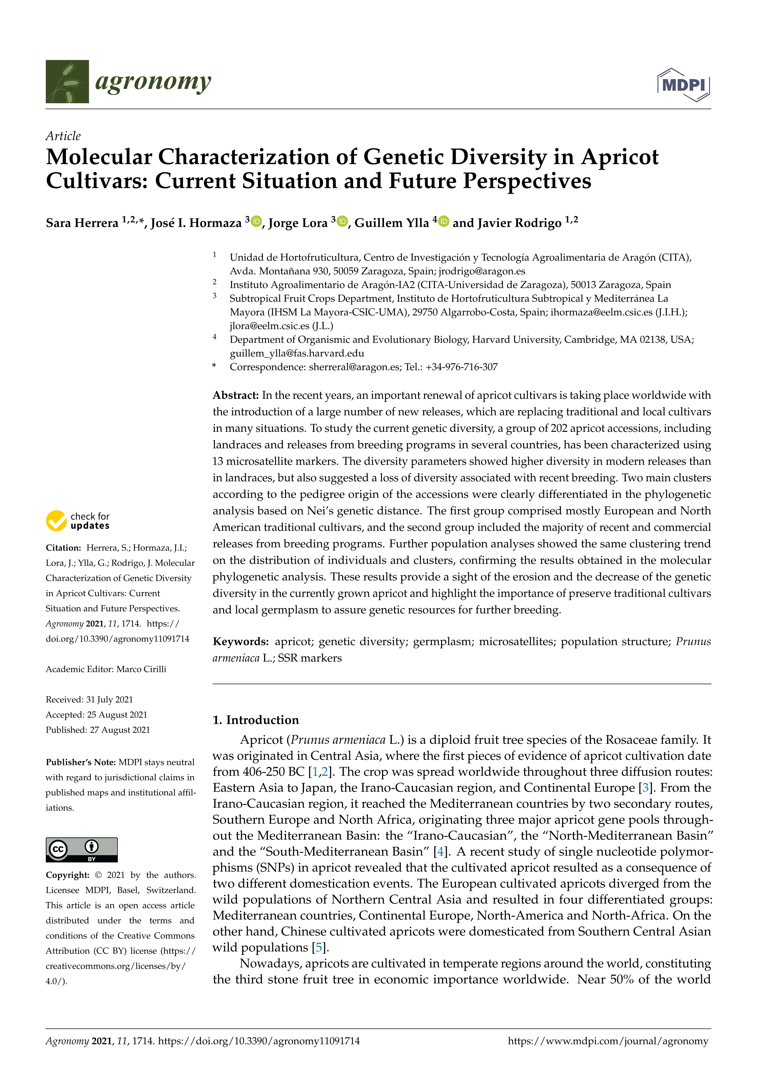 Molecular characterization of genetic diversity in apricot cultivars: current situation and future perspectives