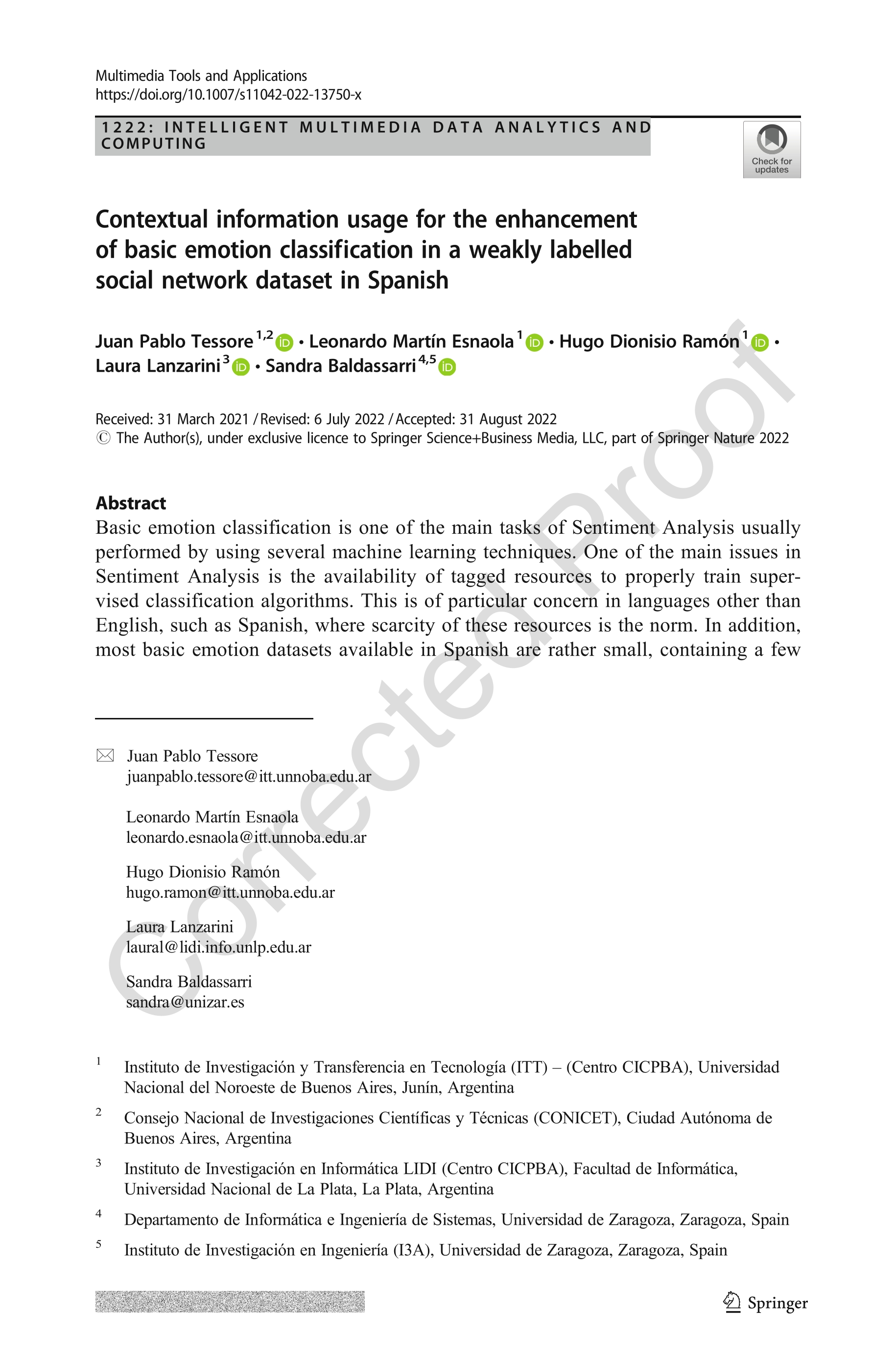 Contextual information usage for the enhancement of basic emotion classification in a weakly labelled social network dataset in Spanish