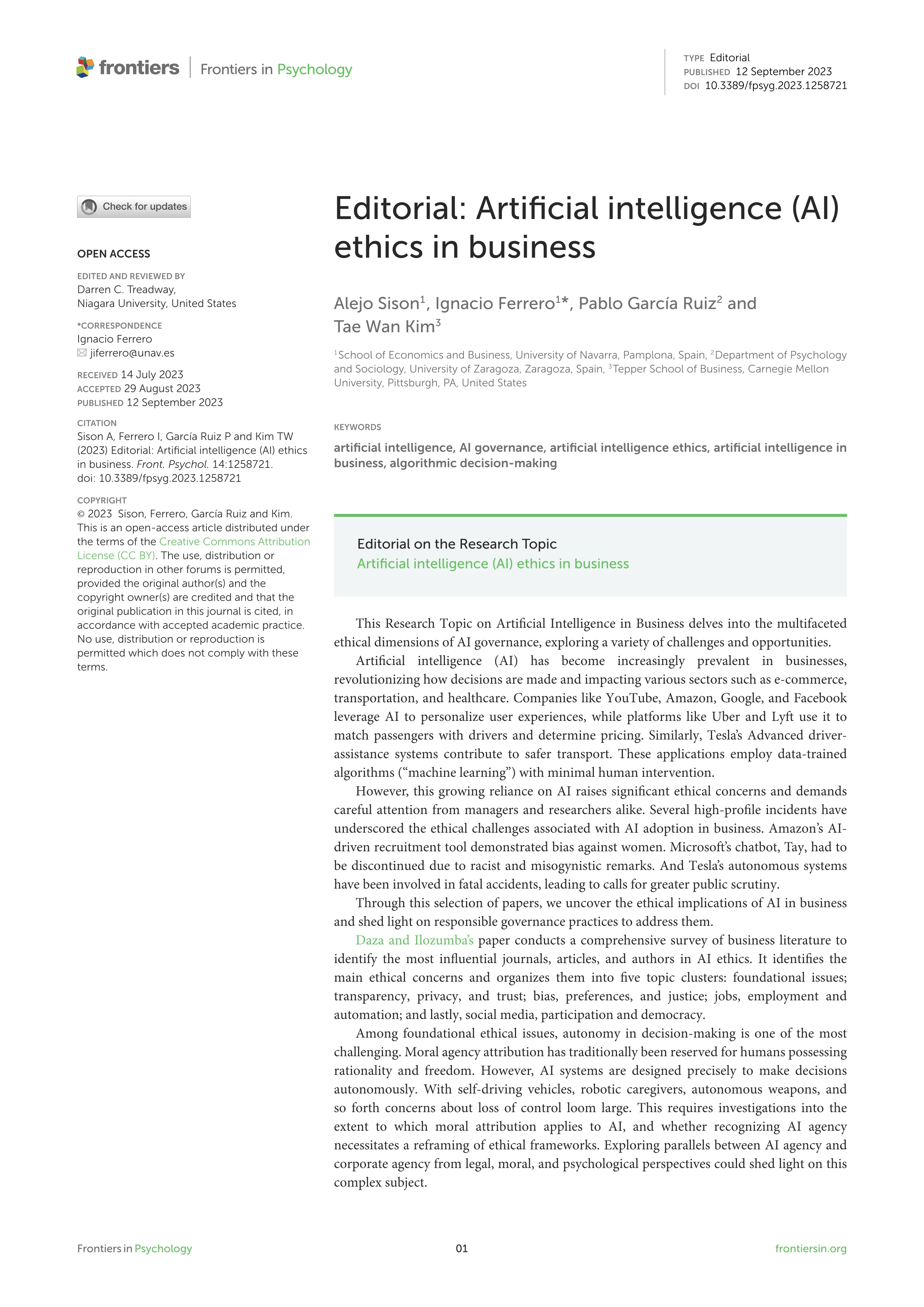 Artificial intelligence (AI) ethics in business