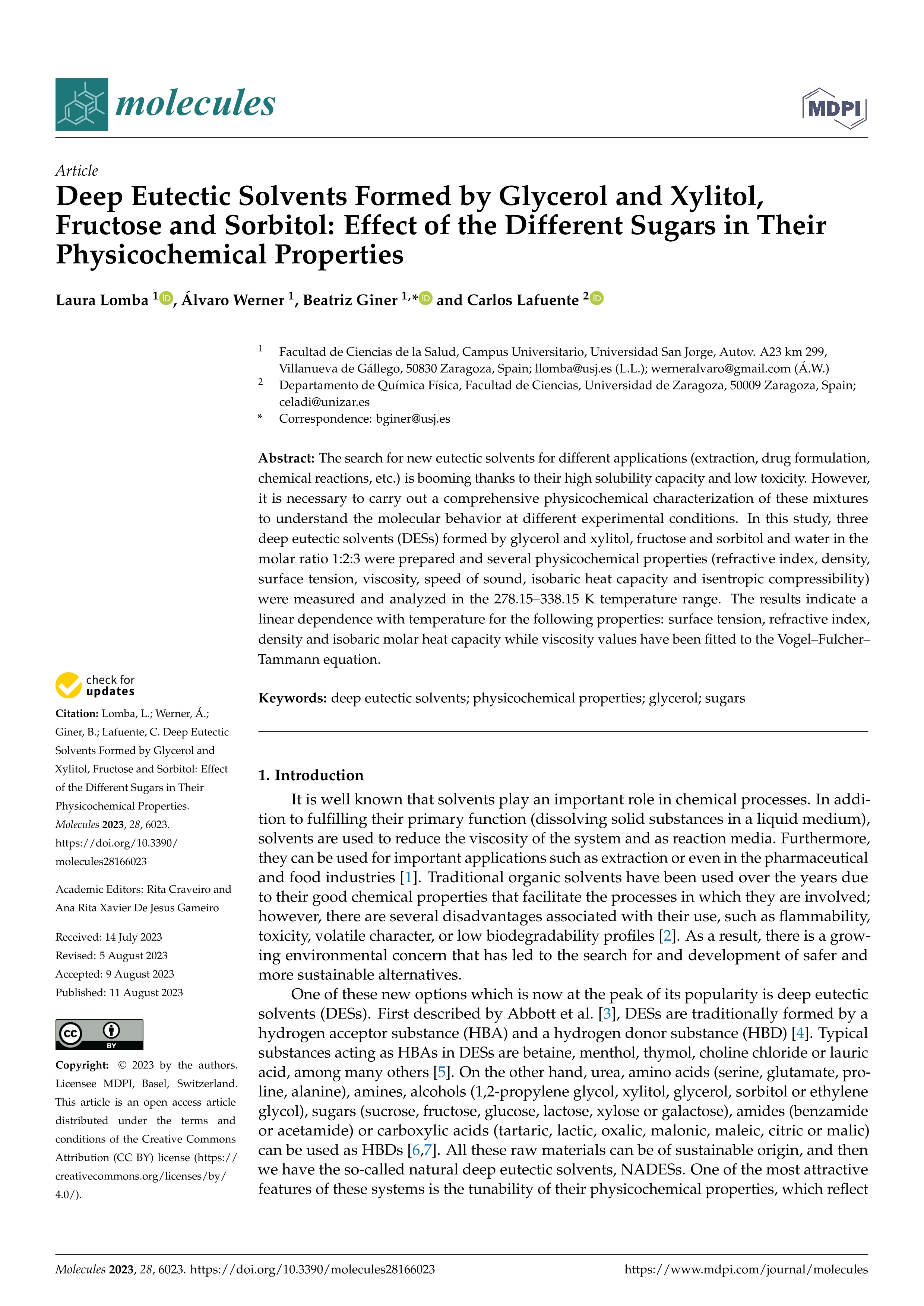 Deep eutectic solvents formed by glycerol and xylitol, fructose and sorbitol: effect of the different sugars in their physicochemical properties