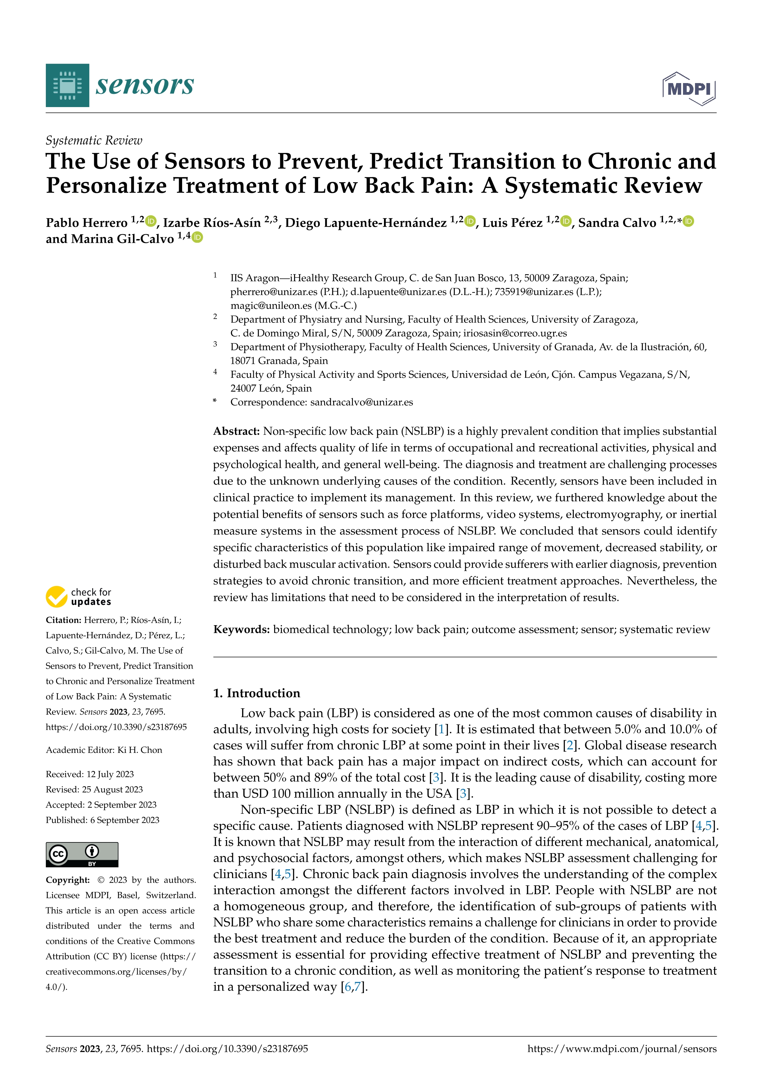 The use of sensors to prevent, predict transition to chronic and personalize treatment of Low Back Pain: a systematic review