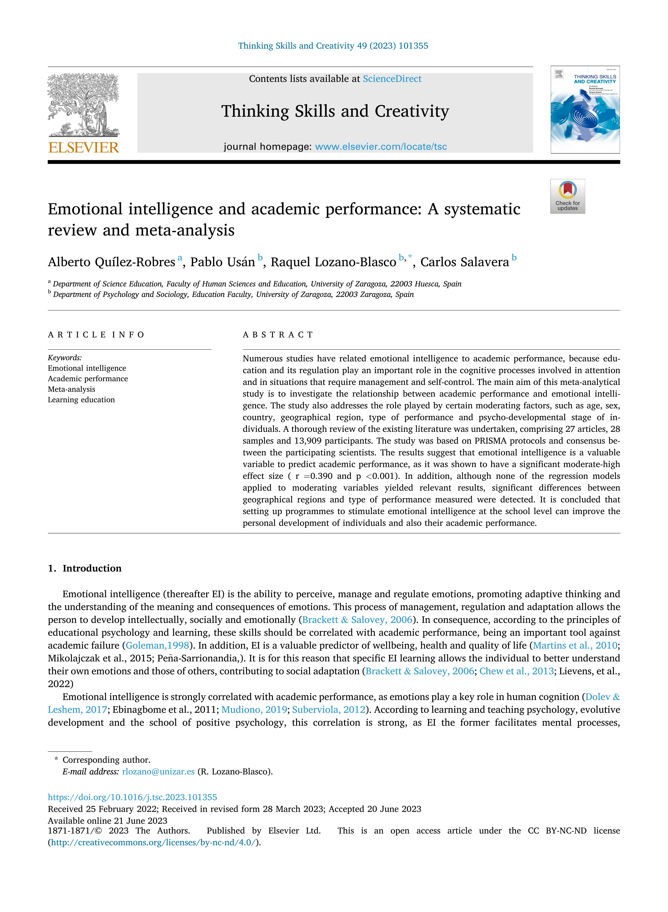 Emotional intelligence and academic performance: A systematic review and meta-analysis