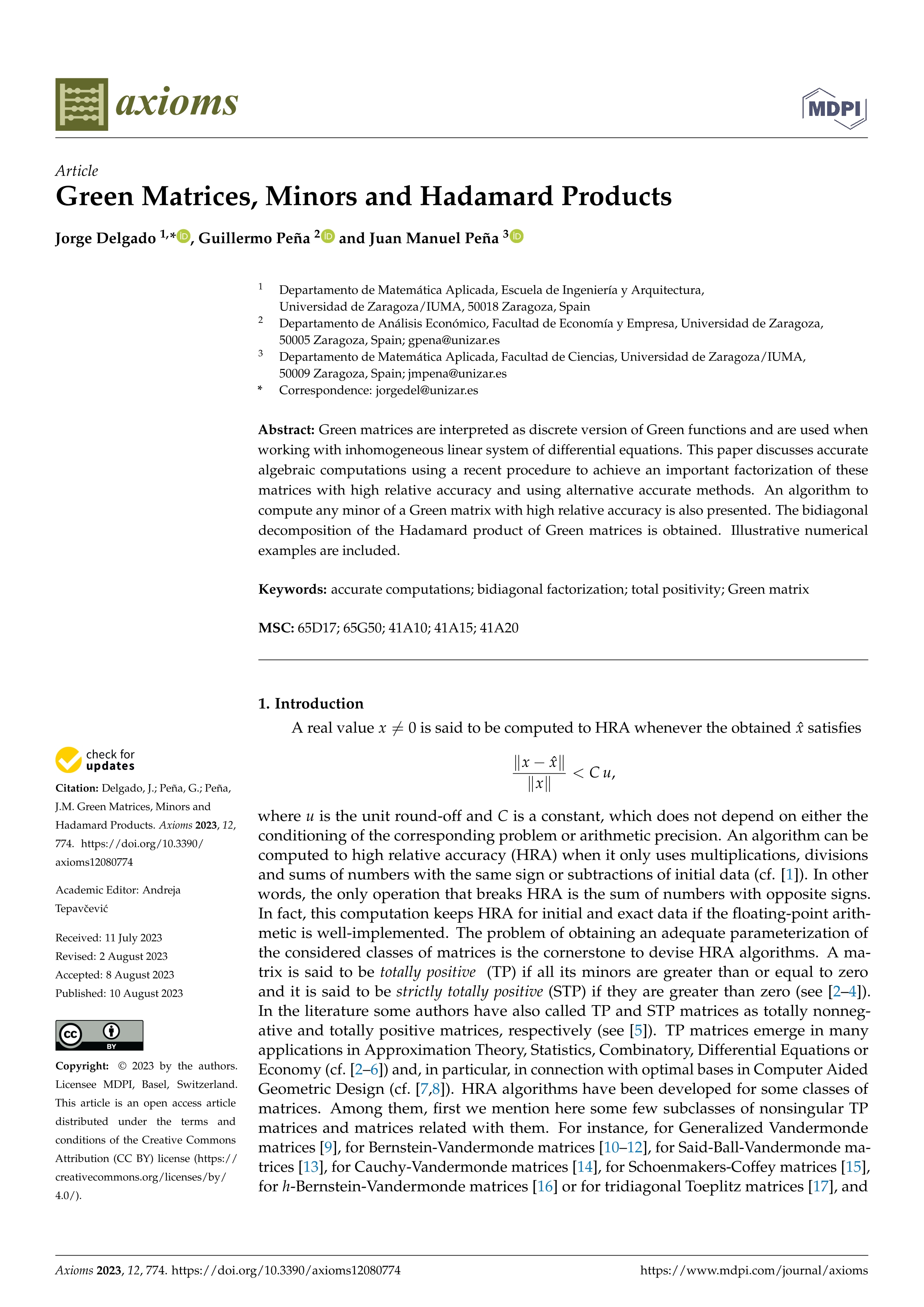 Green Matrices, Minors and Hadamard Products