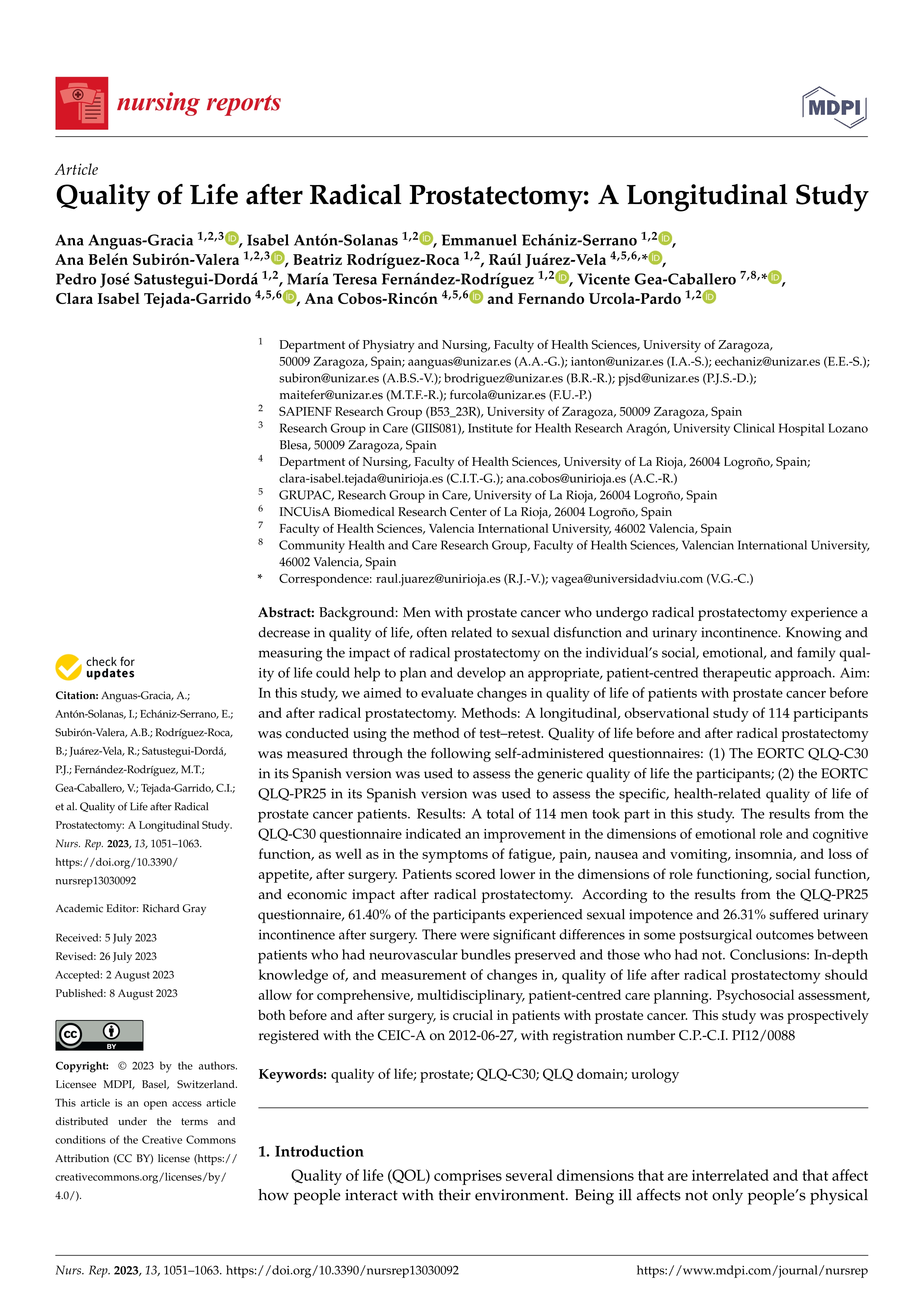 Quality of life after radical prostatectomy: a longitudinal study