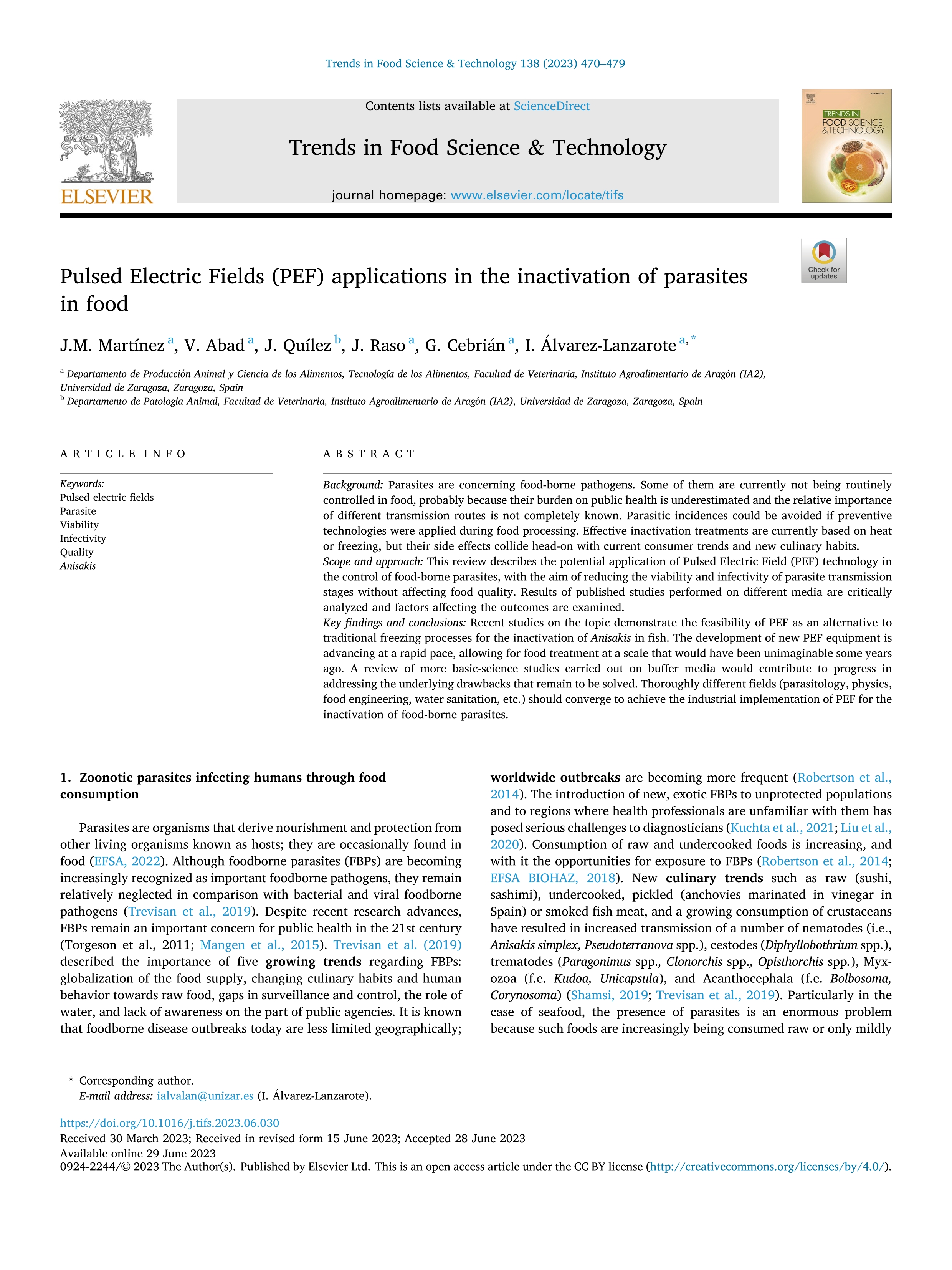 Pulsed Electric Fields (PEF) applications in the inactivation of parasites in food