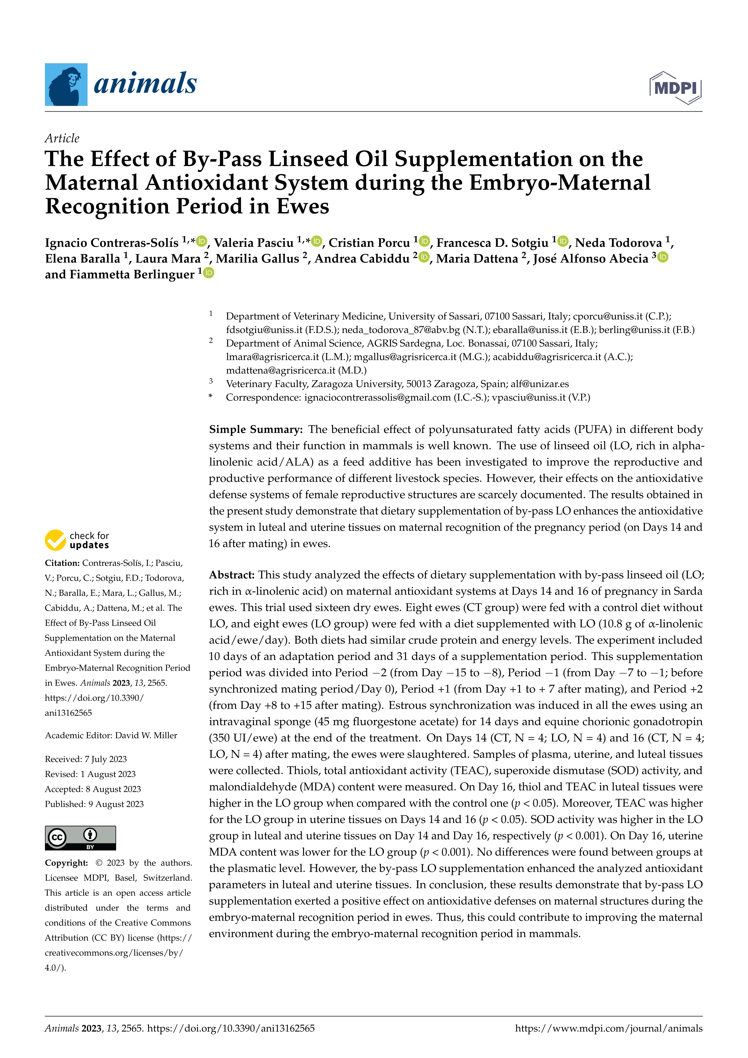 The effect of by-pass linseed oil supplementation on the maternal antioxidant system during the embryo-maternal recognition period in ewes