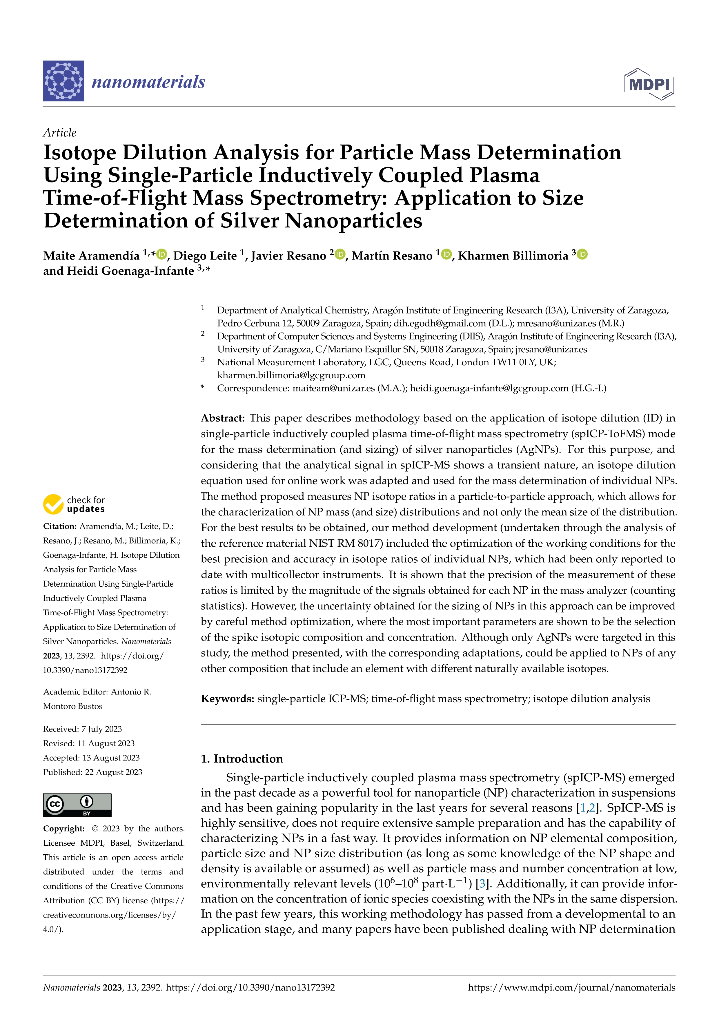 Isotope dilution analysis for particle mass determination using single-particle inductively coupled plasma time-of-flight mass spectrometry: application to size determination of silver nanoparticles